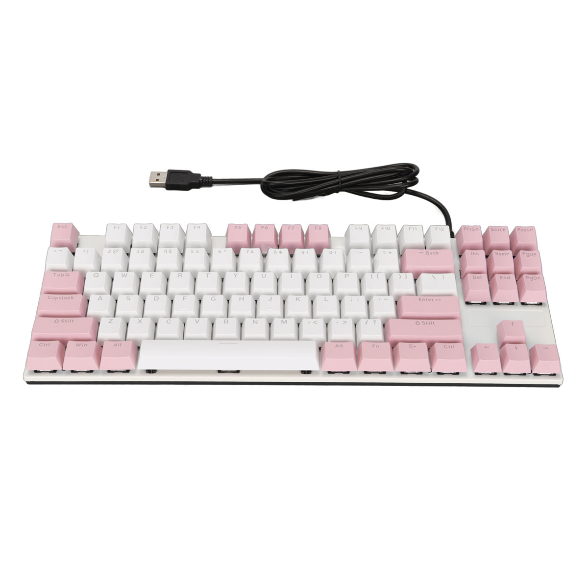 Weiße und rosa mechanische Tastatur. Schwarzes Kabel. Weißer Hintergrund.