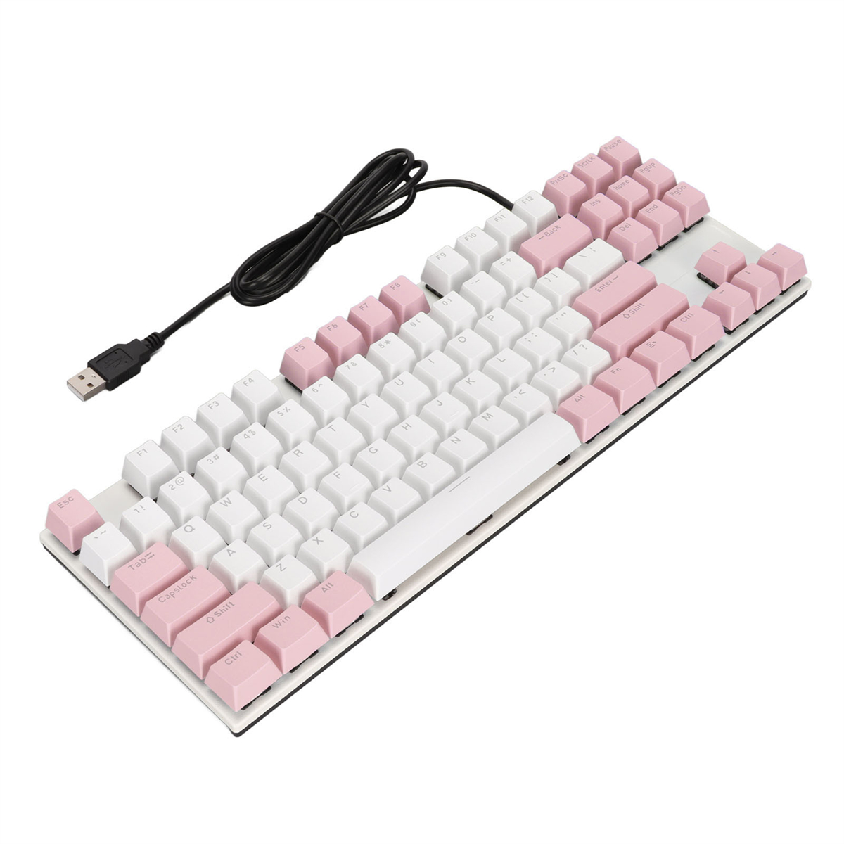 Eine weiße und rosa mechanische Tastatur. Die Tasten sind eine Mischung aus Rosa und Weiß.