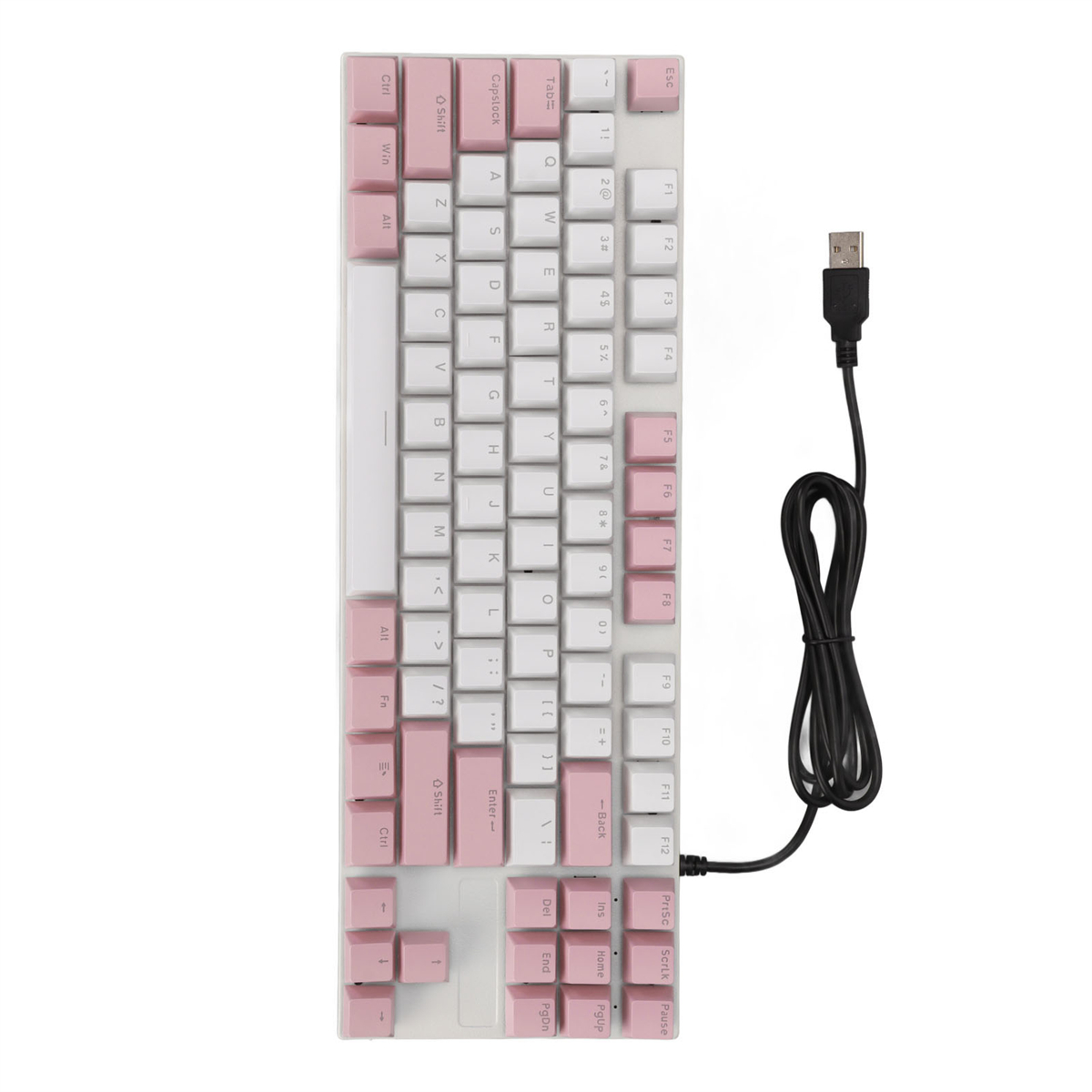 Eine weiße und rosa Tastatur mit rosa Tasten und einem schwarzen USB-Kabel.