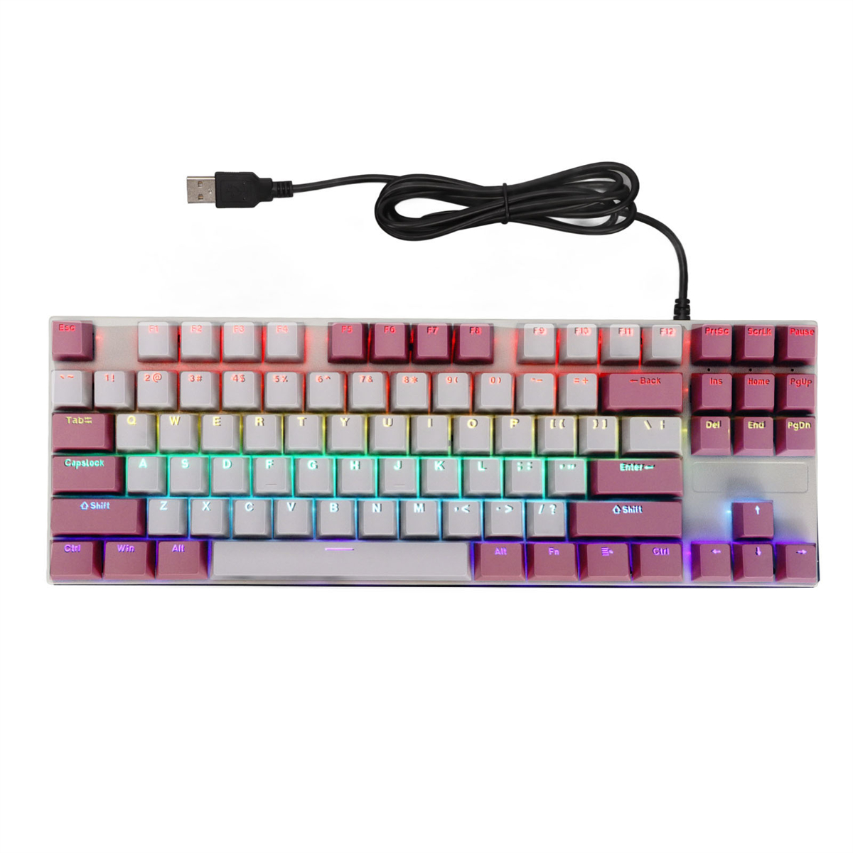 Eine weiße Tastatur mit rosa Tasten und Regenbogenlichtern. Sie ist mit einem schwarzen Kabel verbunden.