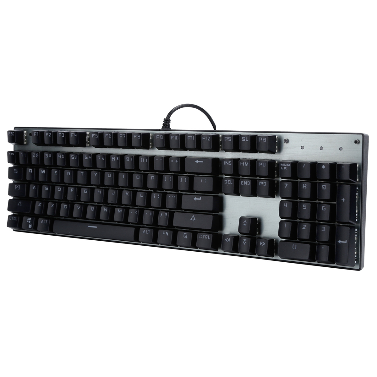 Schwarze Computertastatur mit weißer Beschriftung und silberner Oberseite. Zeigt das gesamte Layout.