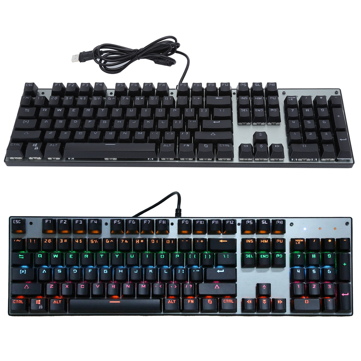 Schwarze Tastatur mit Tasten, USB-Kabel. Die untere Tastatur hat farbige Lichter.