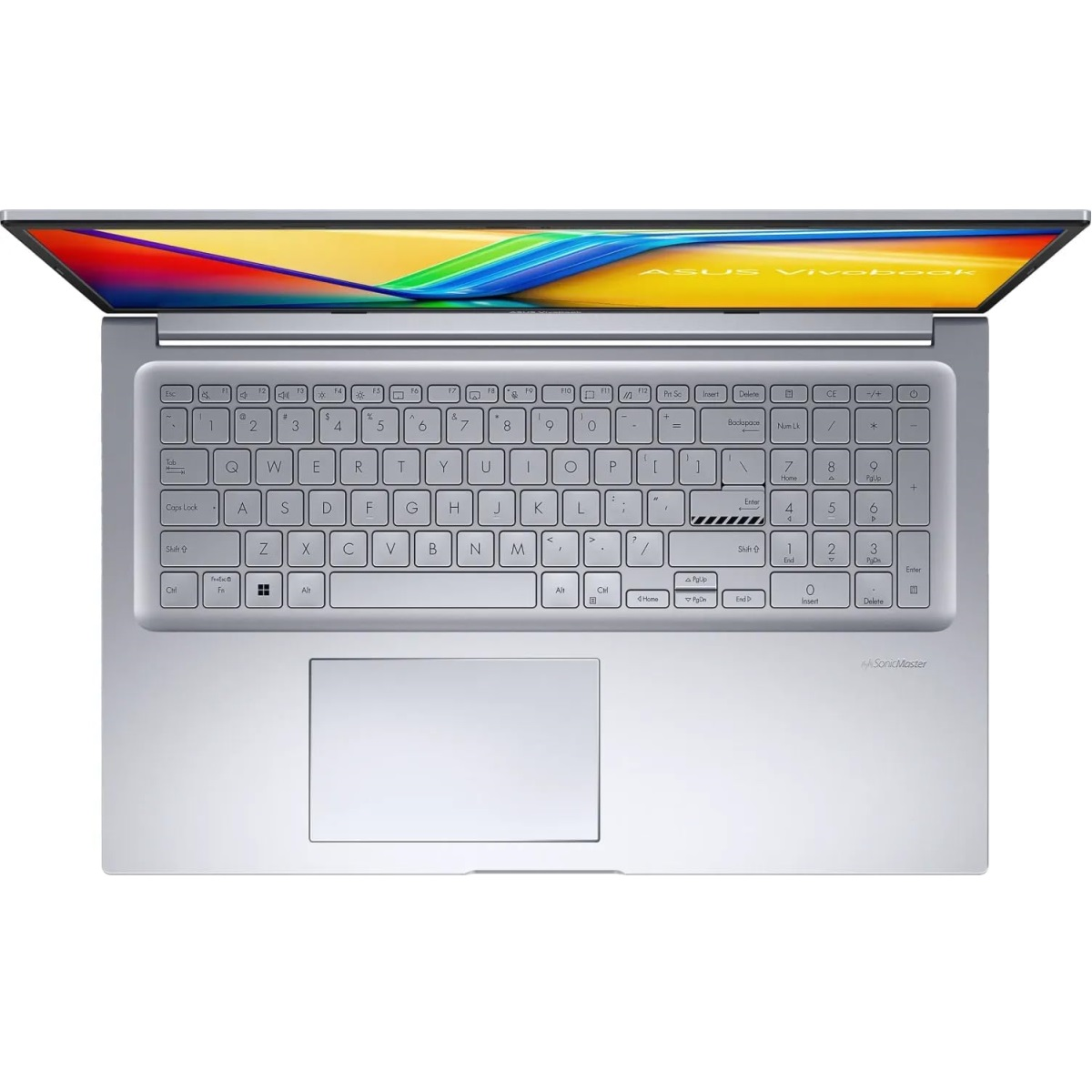Silberner Laptop von oben gesehen. Die Tastatur ist sichtbar und der Bildschirm zeigt ein farbenfrohes Bild.