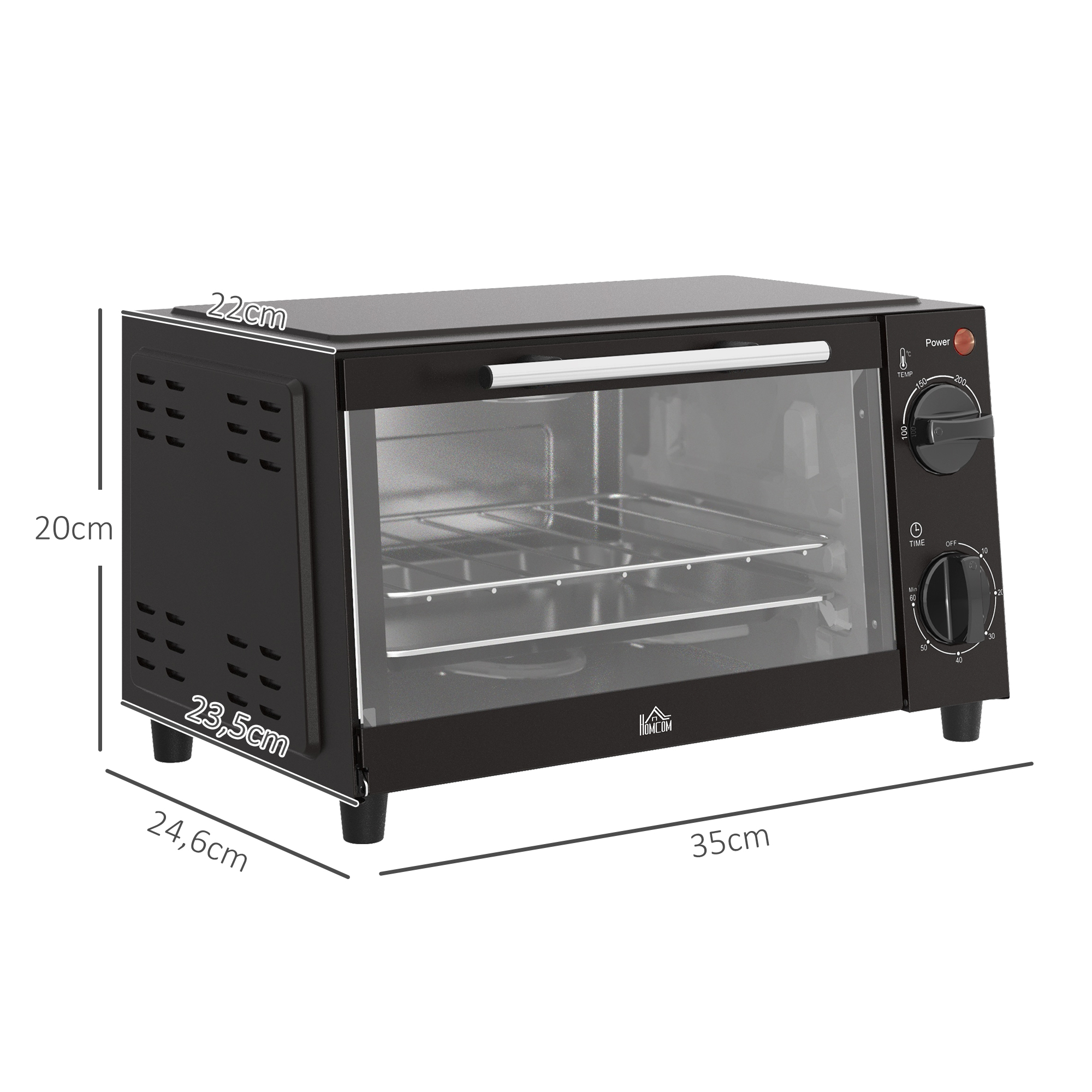 Horno negro con medidas, aislado sobre blanco.