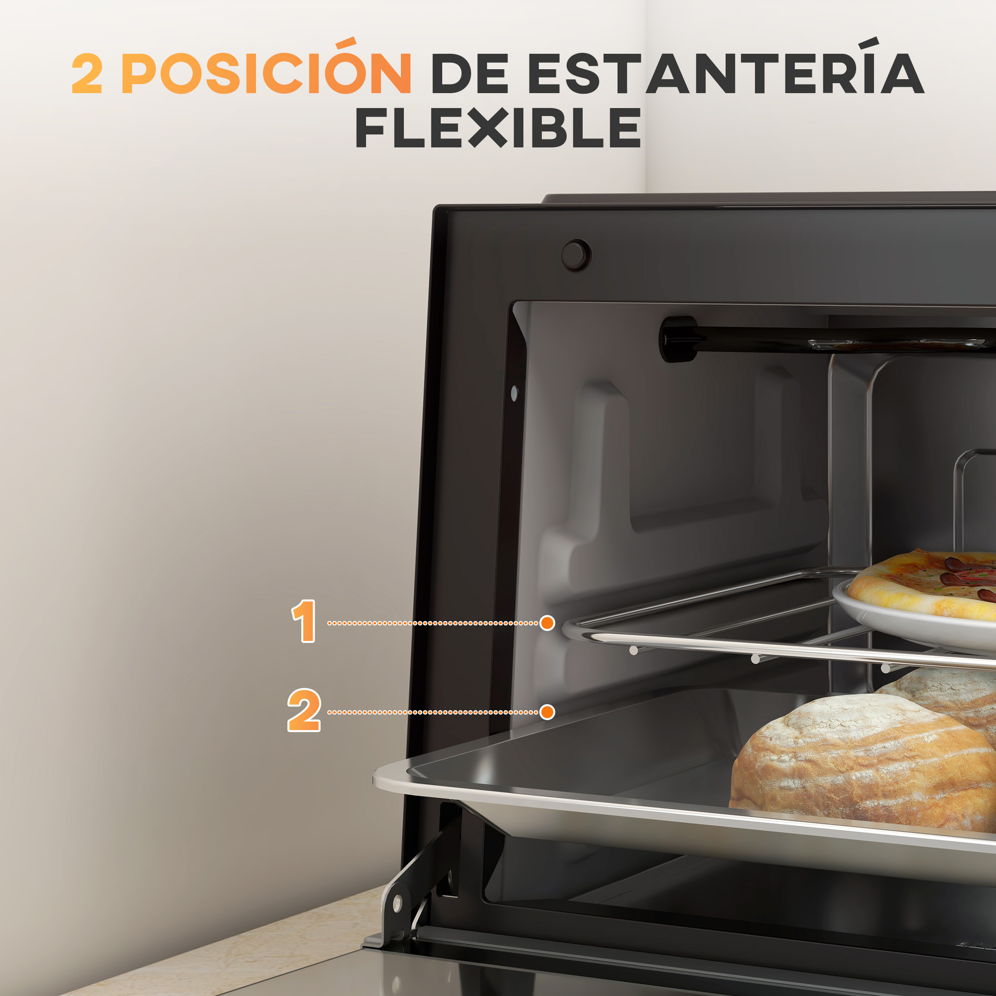 Horno abierto con dos estantes y pizzas con el texto '2 POSICIÓN DE ESTANTERÍA FLEXIBLE'.