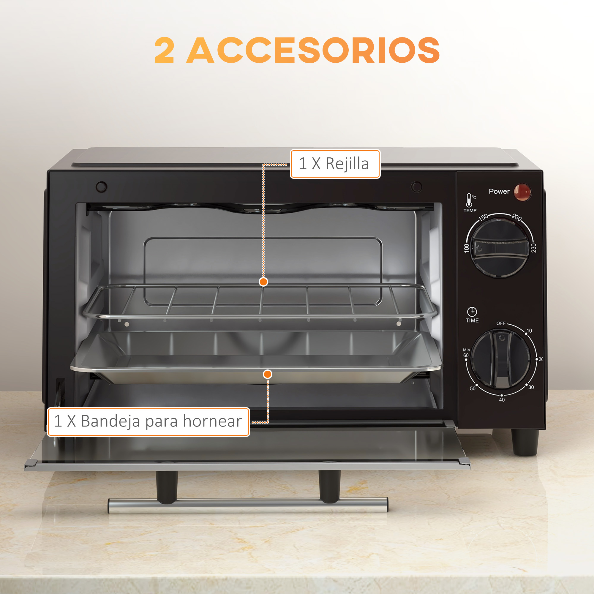 Tostadora negra con dos accesorios. Una bandeja y una rejilla están dentro. El horno tiene diales y controles.