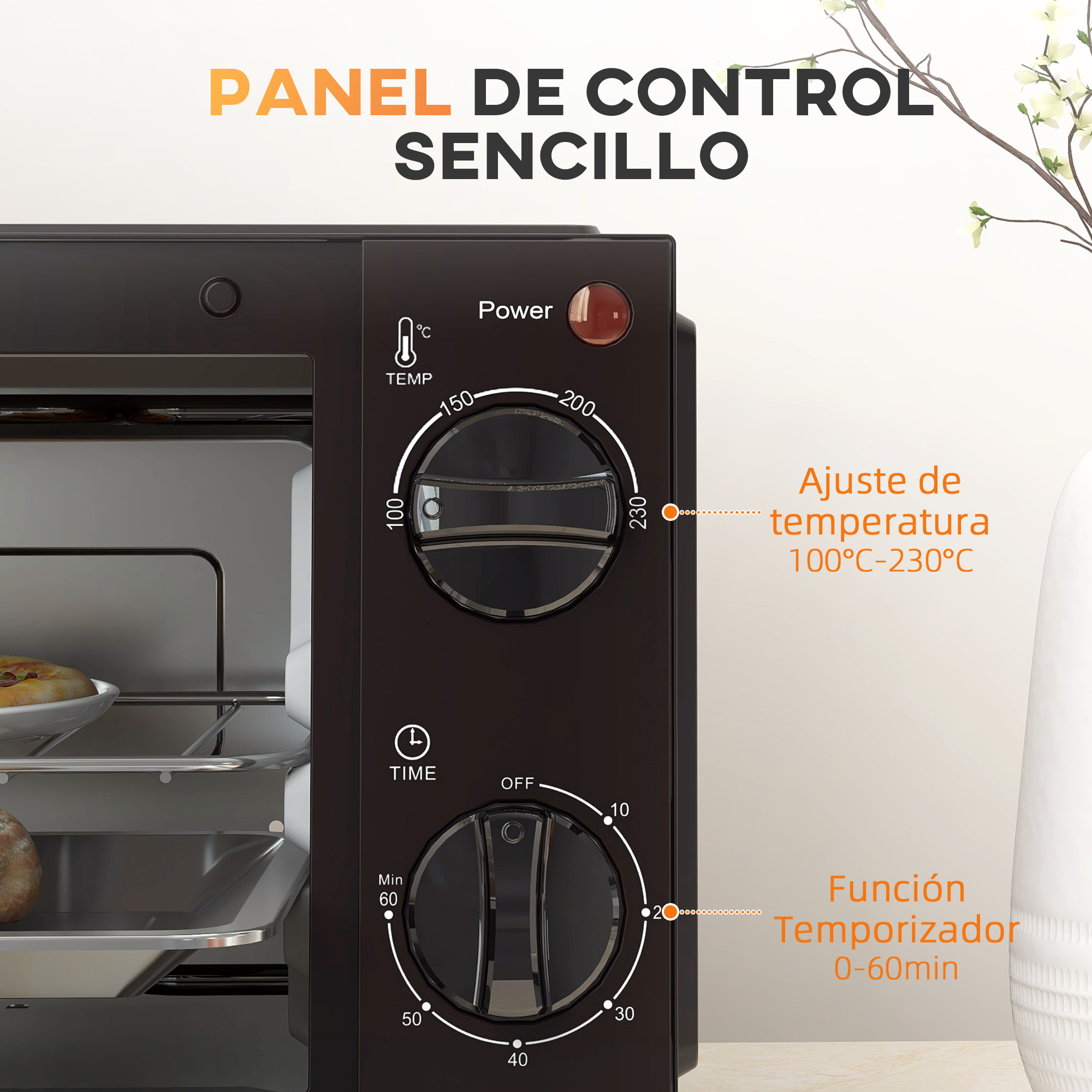 Primer plano de un panel de control de horno negro. Tiene diales y un botón de encendido.