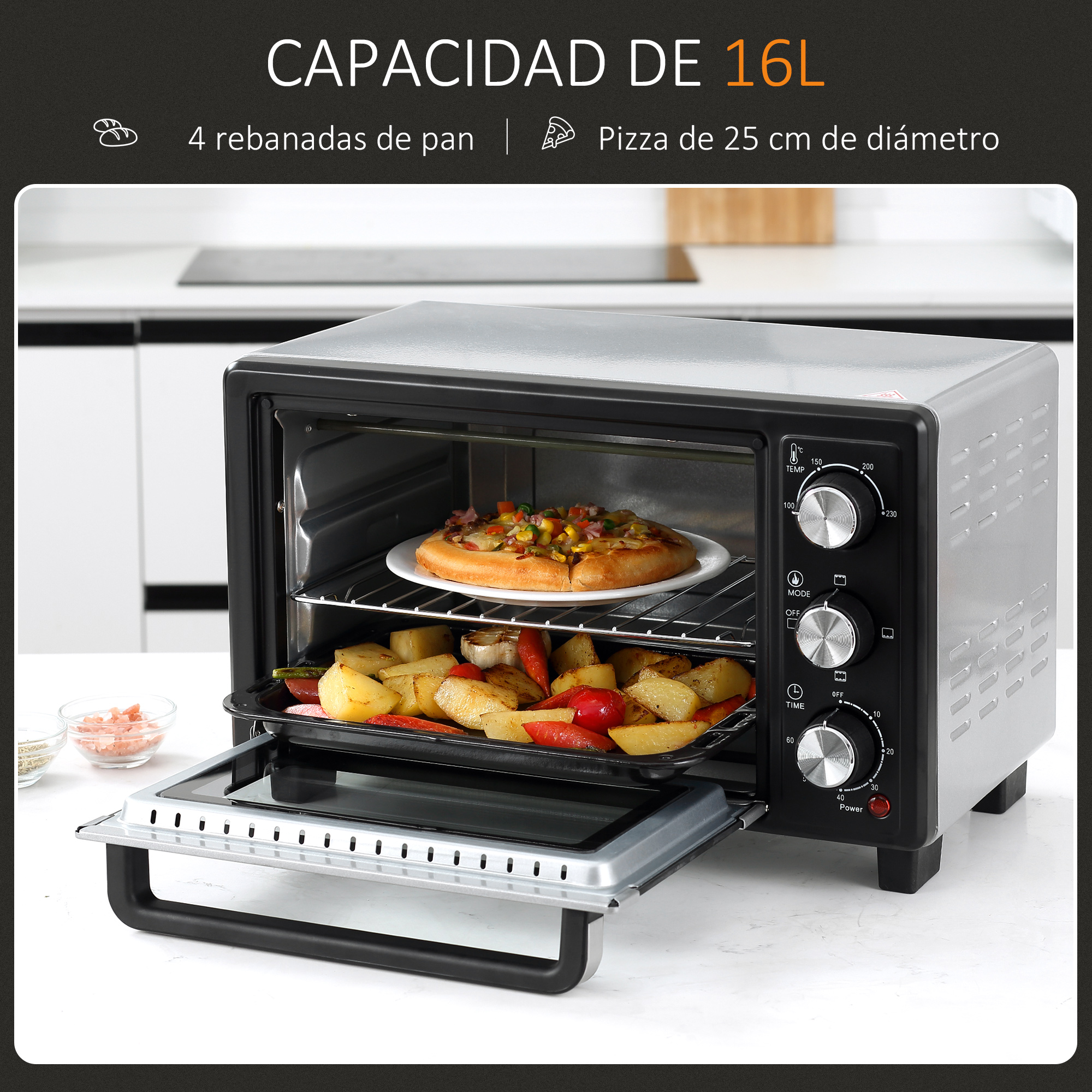 Un horno pequeño con pizza dentro y comida en la parte inferior. Perillas de control a la derecha.