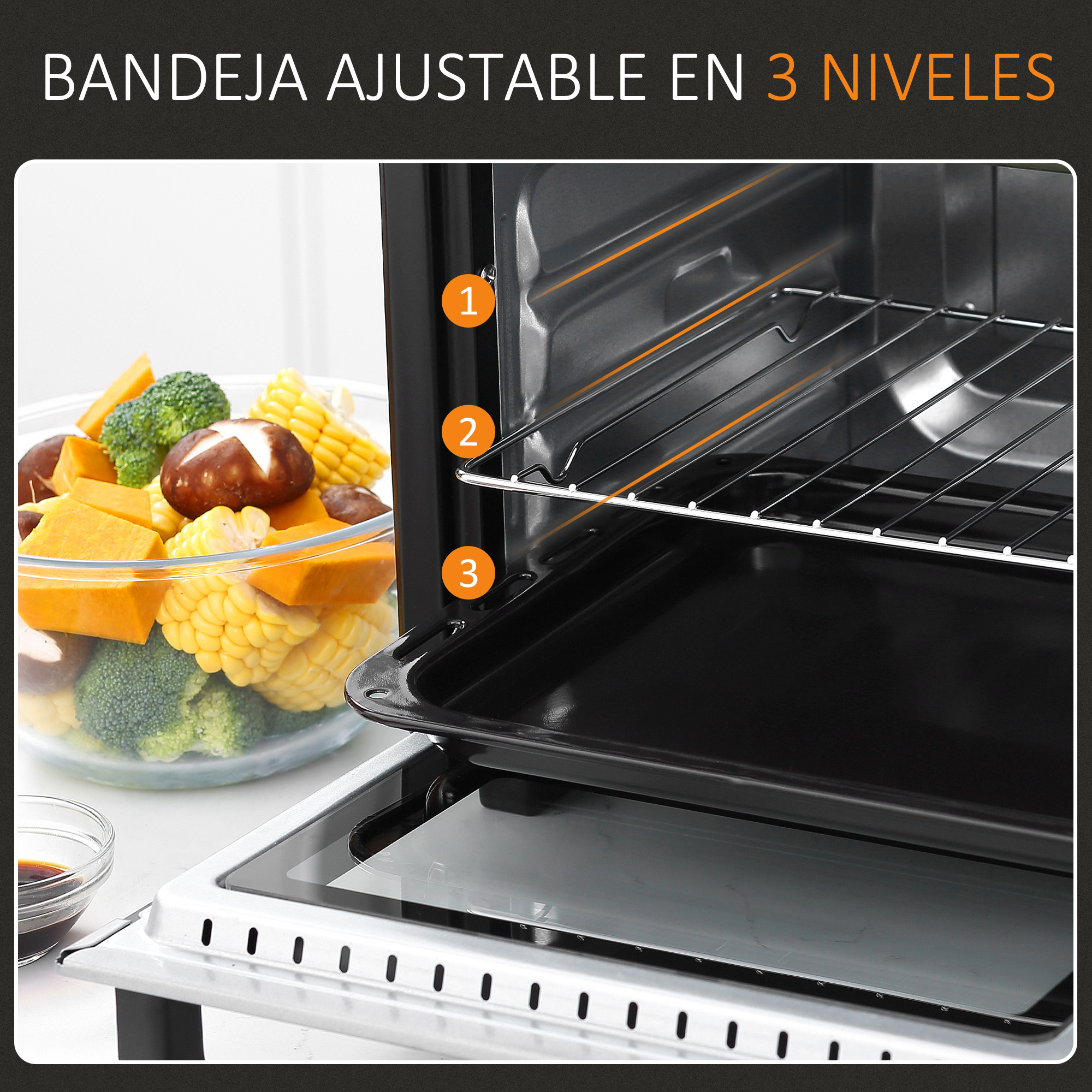 Un horno que muestra niveles de bandeja ajustables. Hay comida en un bol a la izquierda.