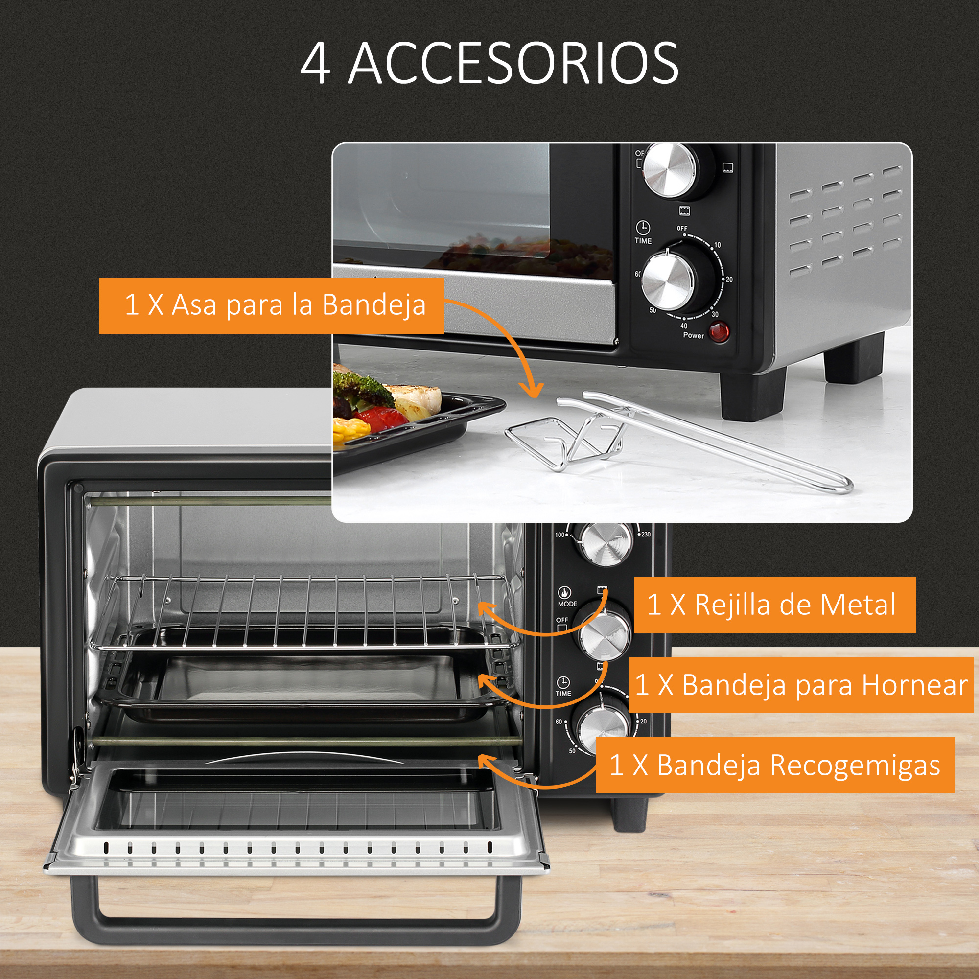 Horno con accesorios. Incluye asa, rejilla metálica, bandeja y bandeja recogemigas.