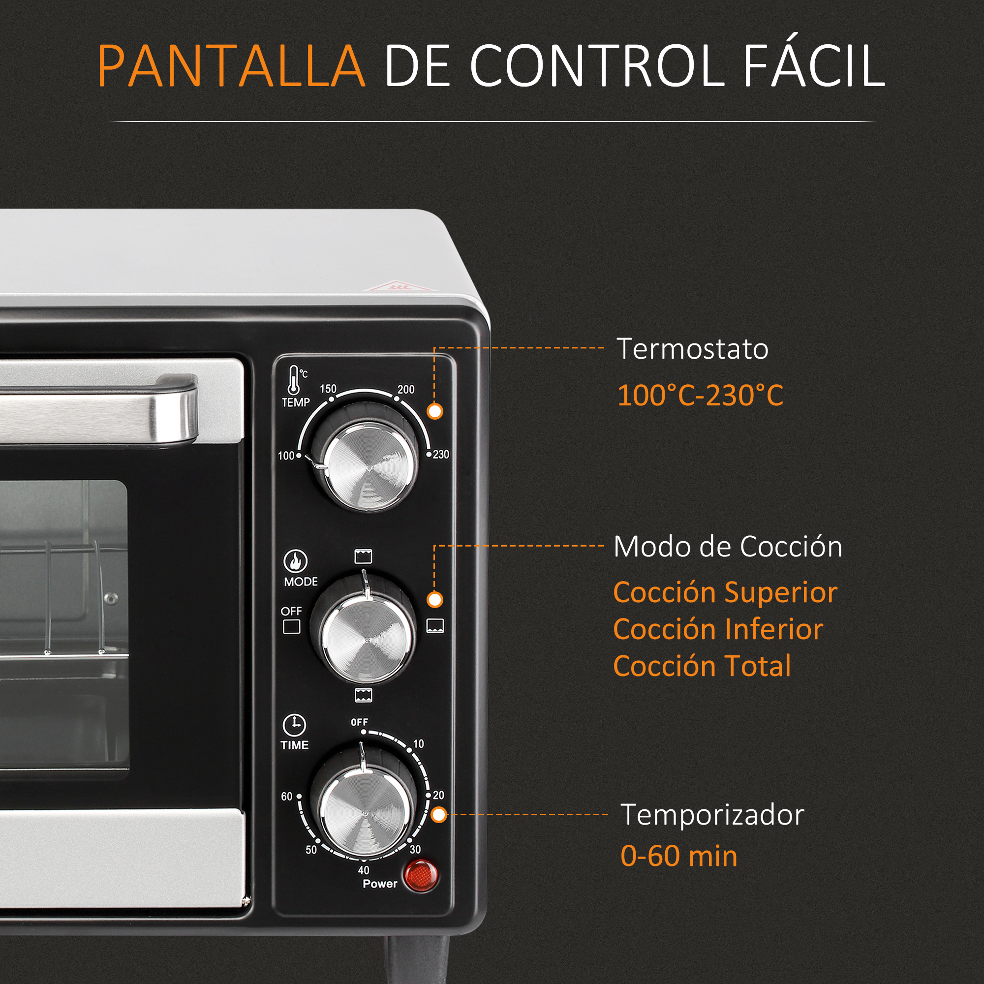 Panel de control del horno. Perillas para temperatura, modo de cocción y temporizador.