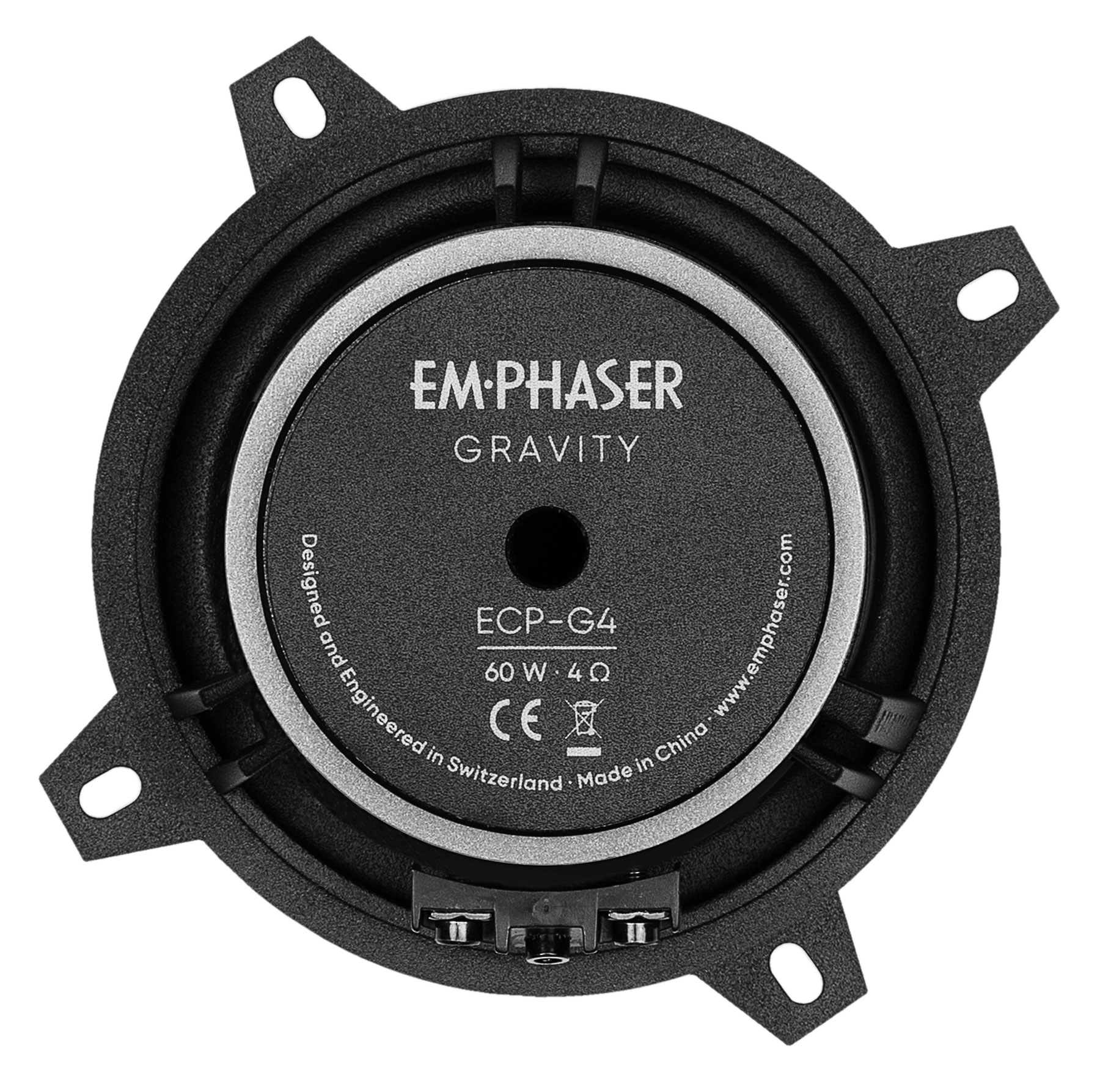Ein schwarzer kreisförmiger Lautsprecher mit dem Text 'EM-PHASER GRAVITY' in der Mitte.
