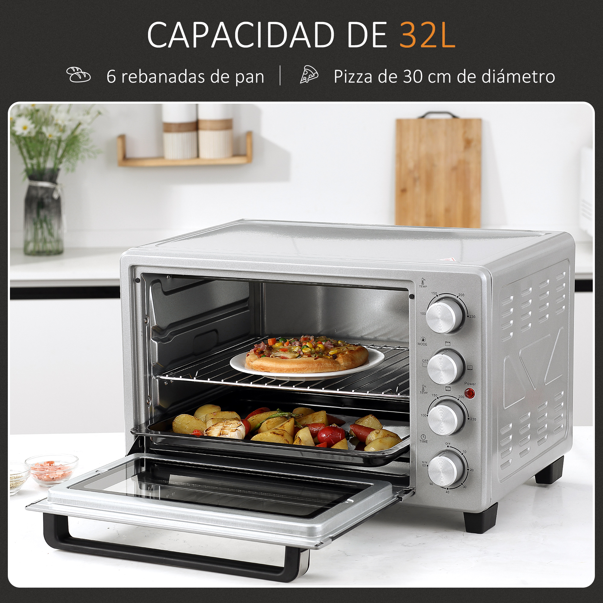 Un horno plateado con una pizza y otros alimentos en el interior. El horno está abierto, revelando el interior.