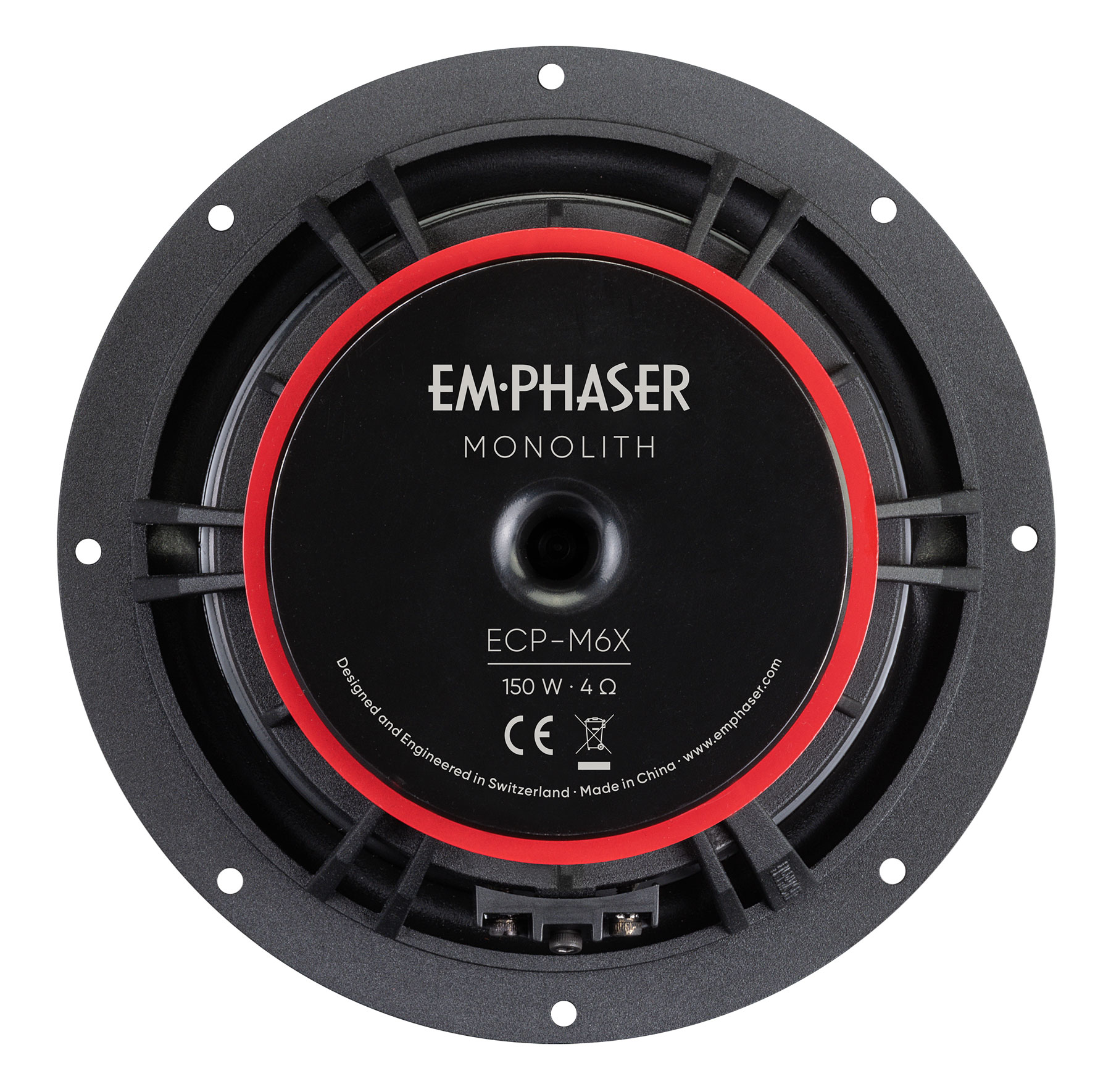 Nahaufnahme eines schwarzen Lautsprechers mit rotem Kreis und dem Text „EM-PHASER MONOLITH“.