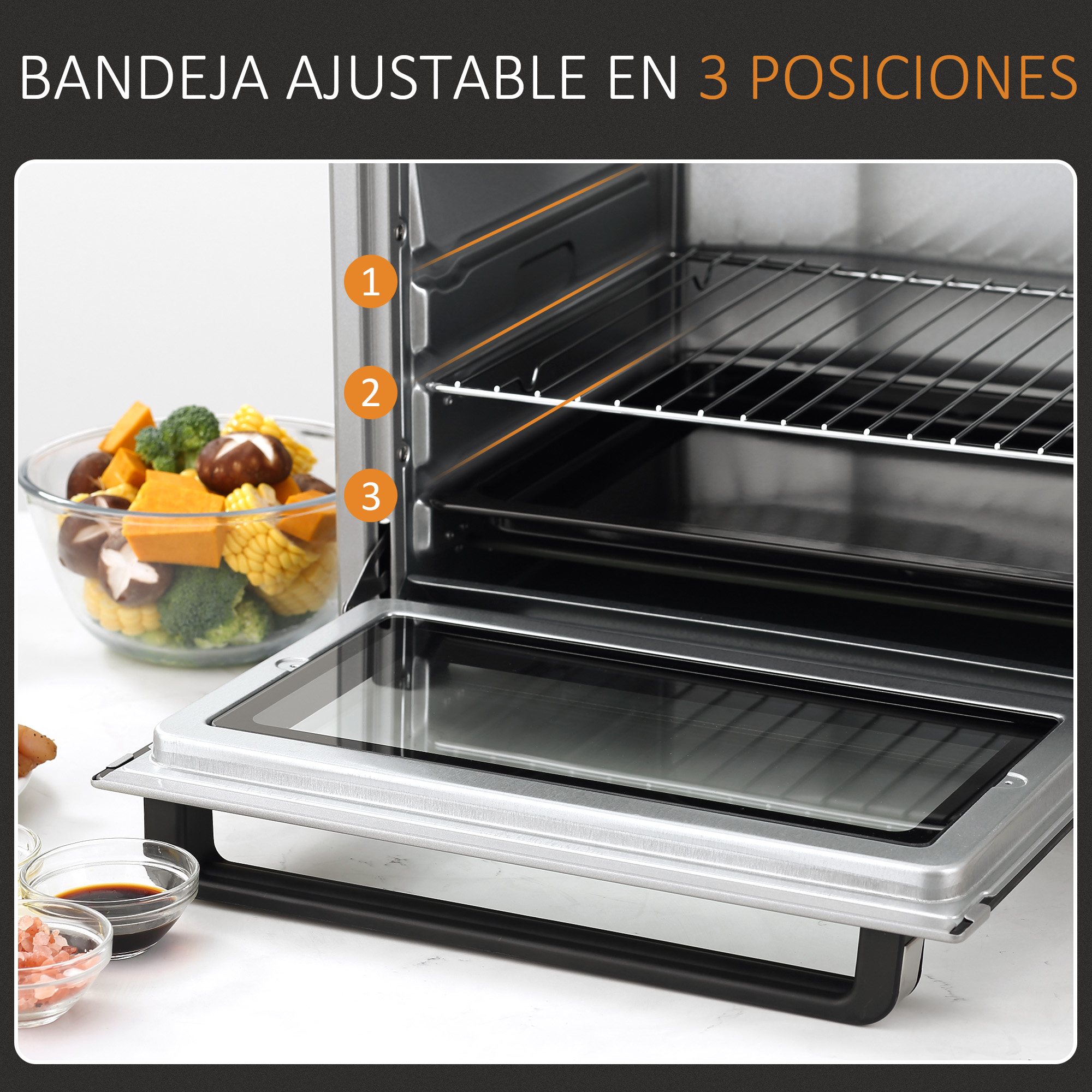 Un horno que muestra posiciones de bandeja ajustables. Hay comida en un bol a la izquierda.