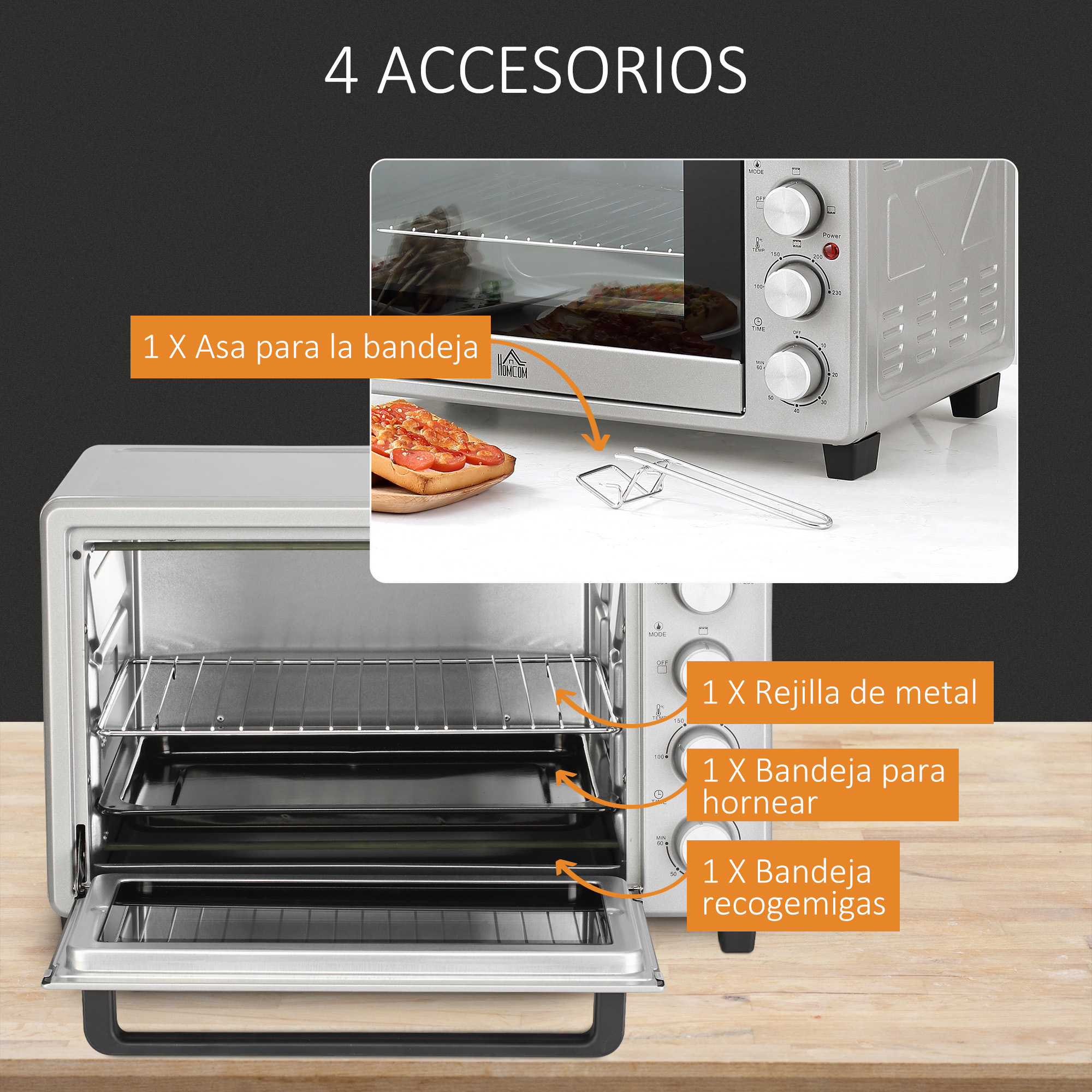 Un horno con 4 accesorios. Incluye bandeja, rejilla, asa y bandeja recogemigas.