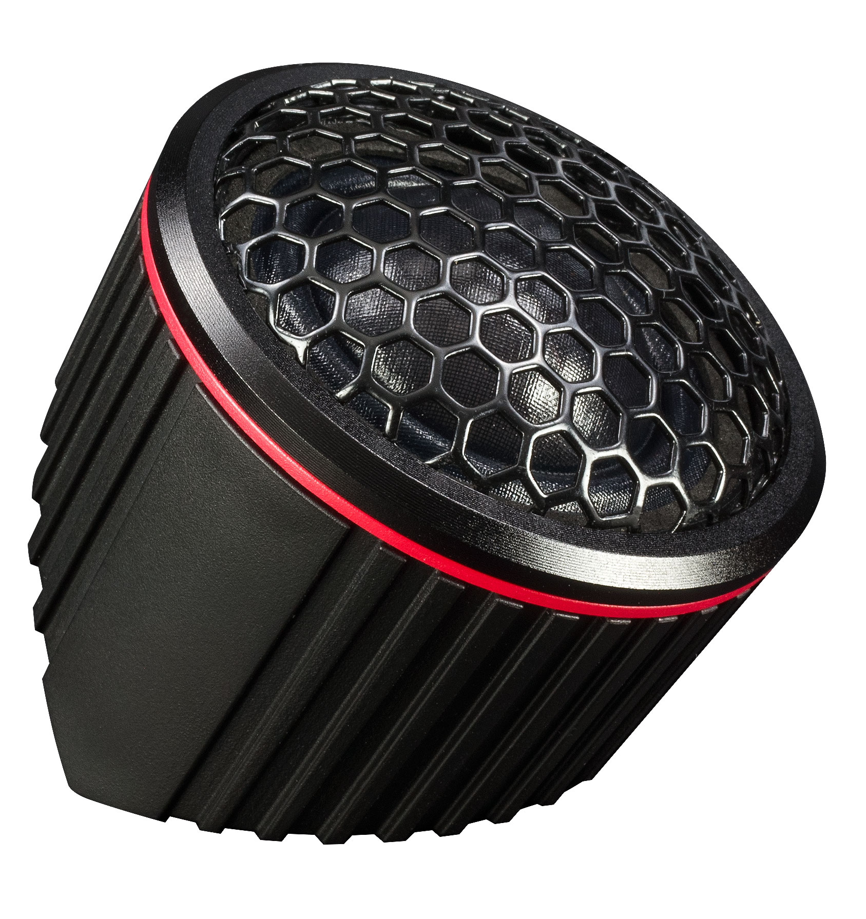Ein schwarzer Lautsprecher mit einem Mesh-Front und einem roten Ring.