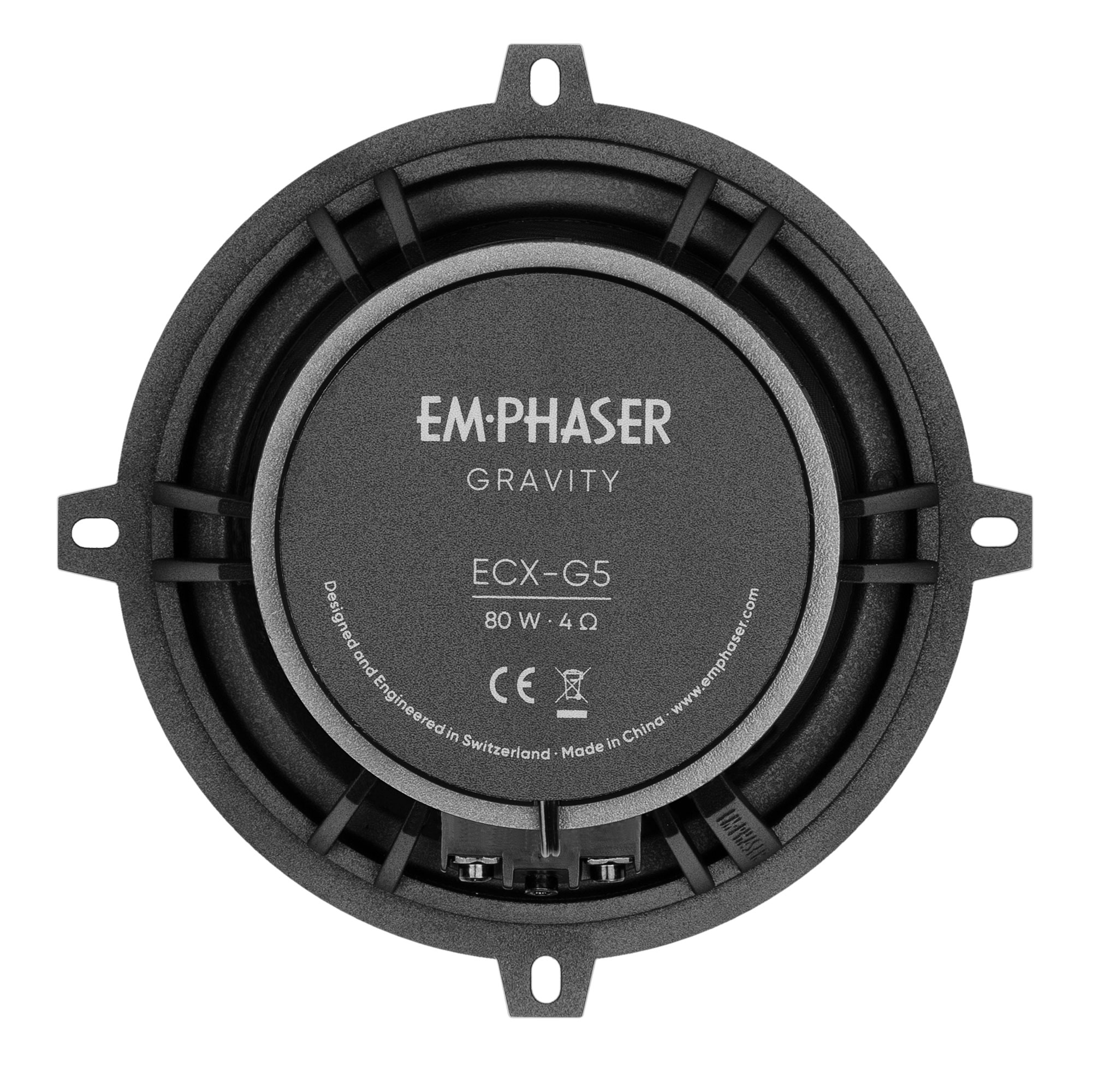 Schwarzer Lautsprecher mit dem Text EM-PHASER GRAVITY, ECX-G5, 80W 4Ω, auf weißem Hintergrund.