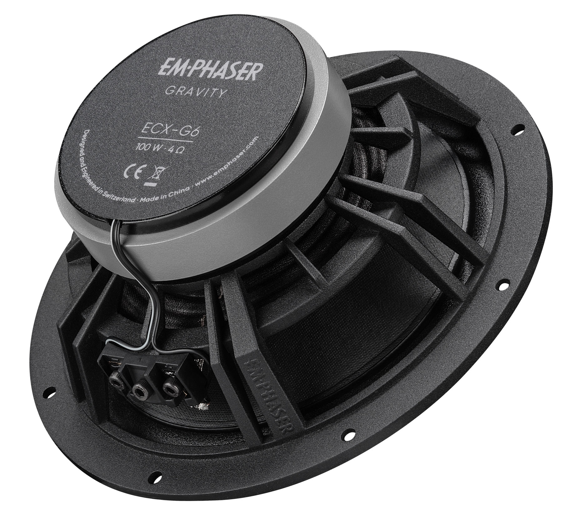 Ein schwarzer Lautsprecher mit silberner Kappe oben, die Rückseite zeigt die Anschlüsse.