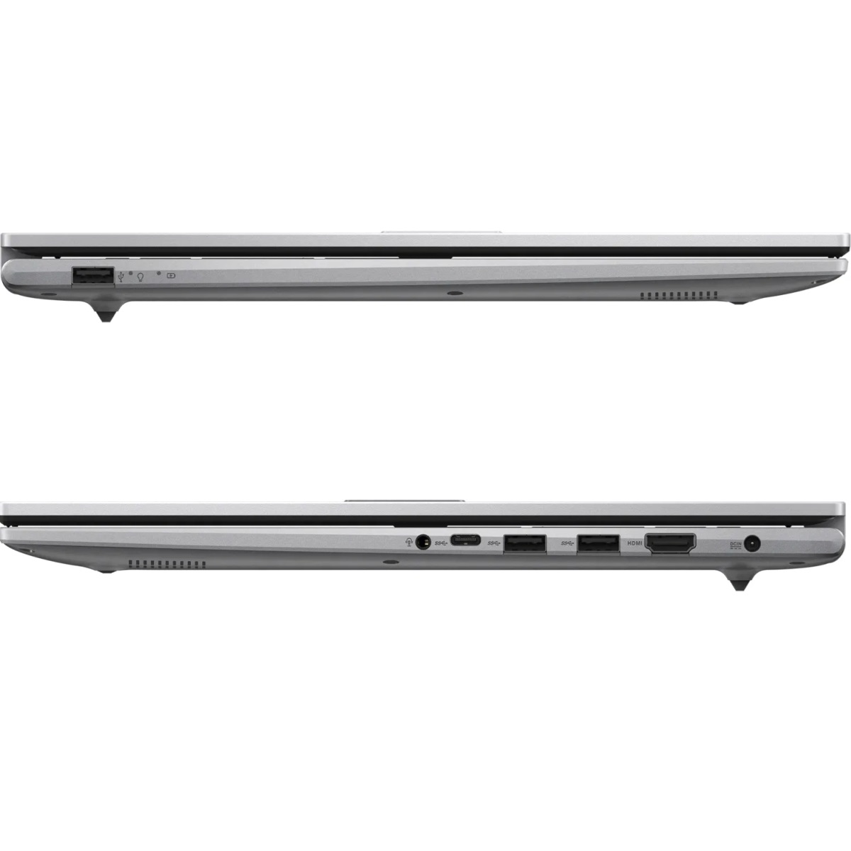 Zwei Seitenansichten eines silbernen Laptops. Anschlüsse und Lüftungsschlitze sind sichtbar.