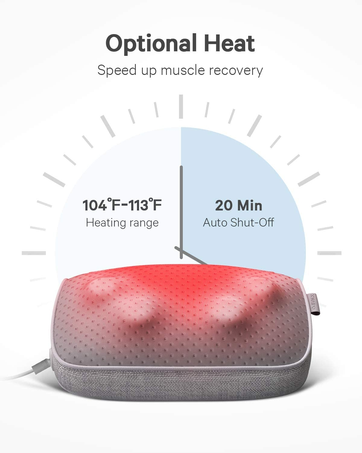Graues Massagekissen mit einem Heizbereich von 104-113°F und 20 Minuten Abschaltung.