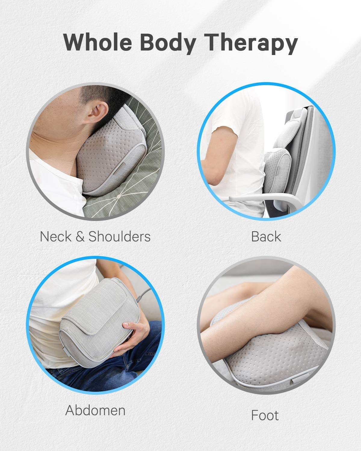 Vier Bilder, die Massagegeräte für Nacken-, Rücken-, Bauch- und Fußtherapie zeigen.