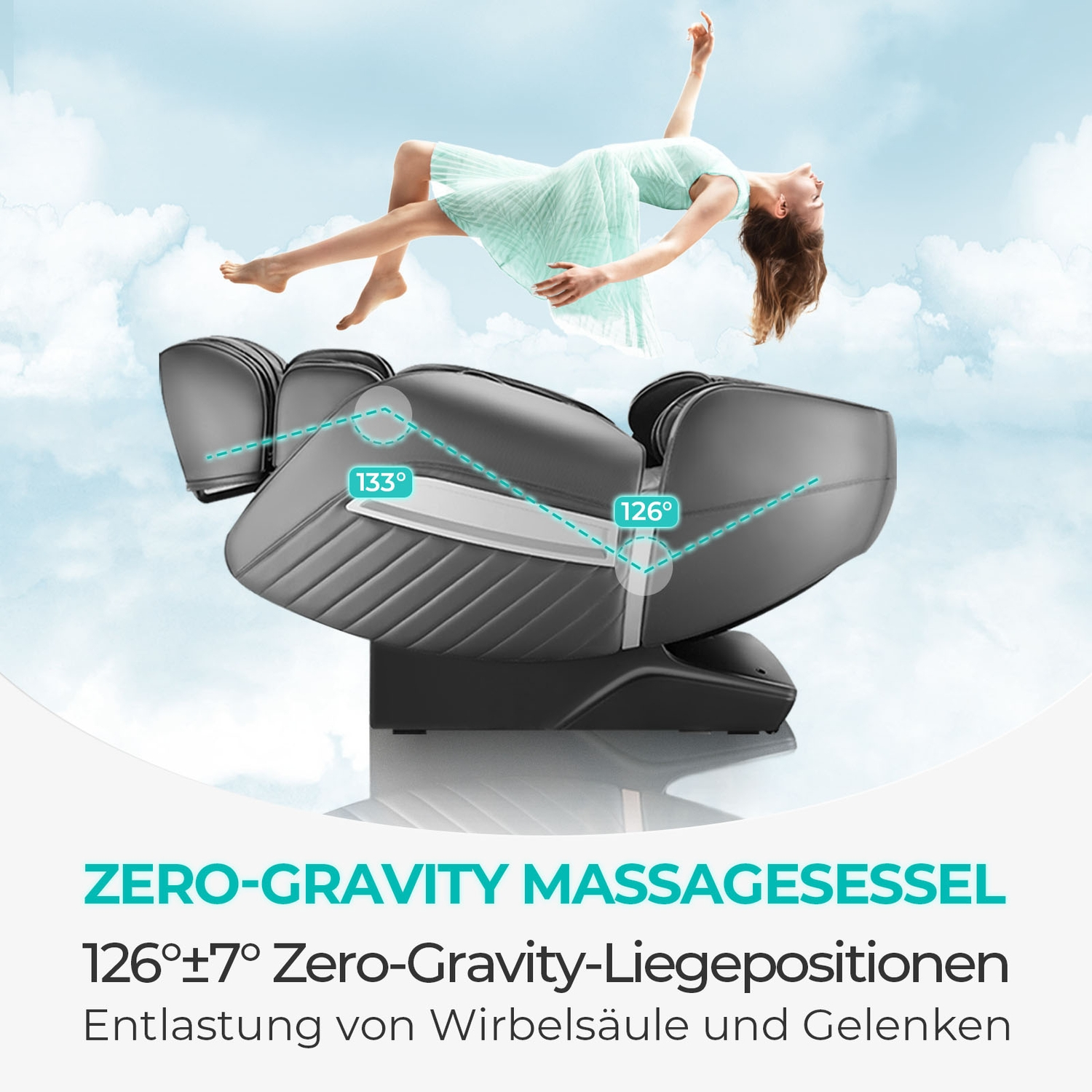 Zero-Gravity-Massagesessel mit schwebender Frau, Text und Winkel.