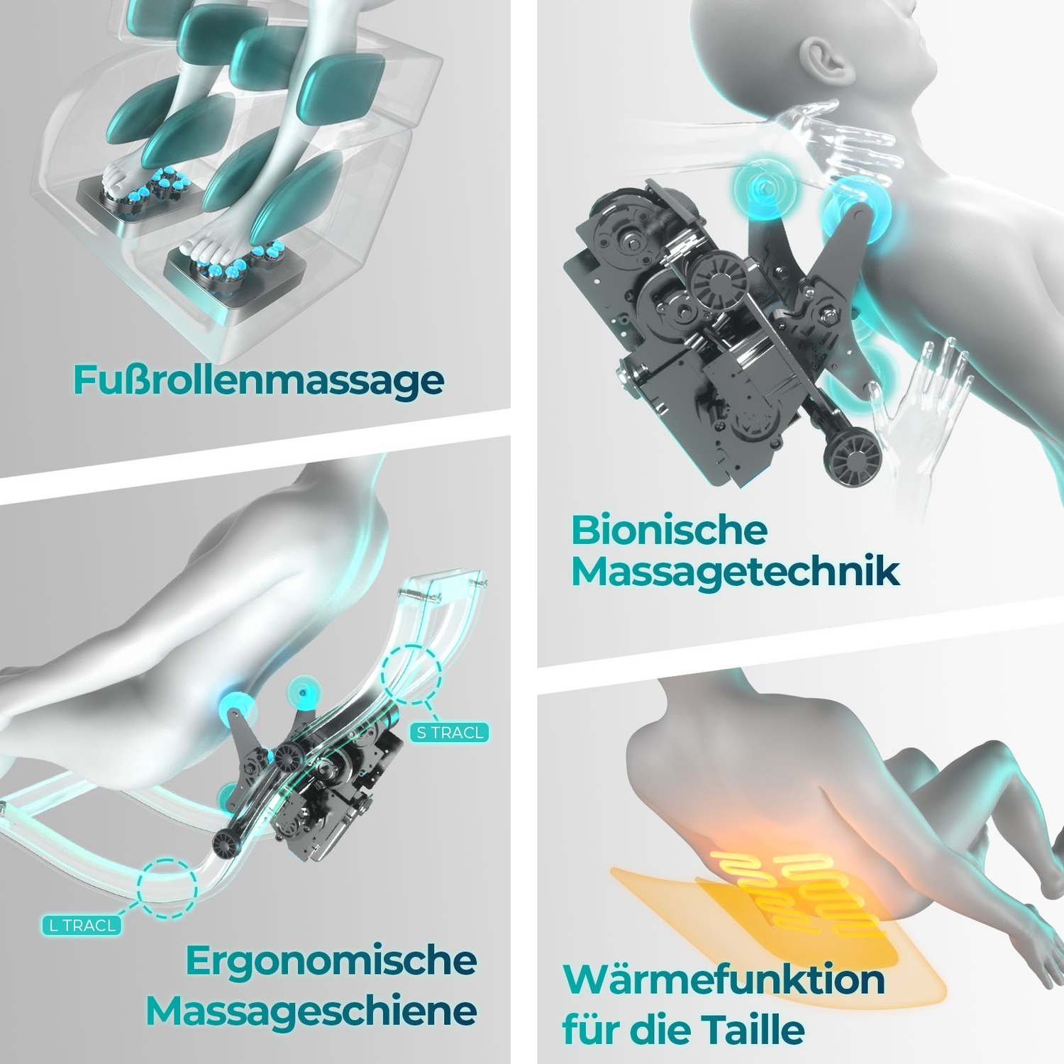 Diagramm zeigt Fußmassage-Rollen, Nackenmassage-Mechanismus, ergonomische Massageschiene und Taillenwärmefunktion.