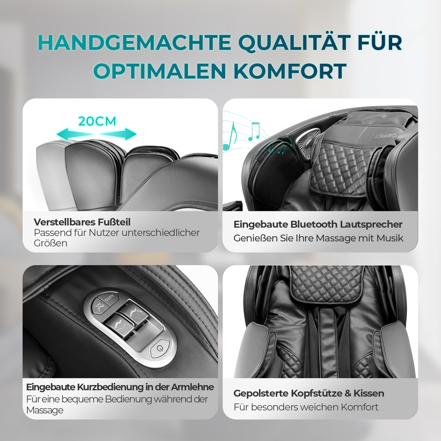 Vier Bilder zeigen die Funktionen des Massagesessels: verstellbare Fußstütze, Bluetooth-Lautsprecher, Armlehnenbedienung und Kopfstütze.