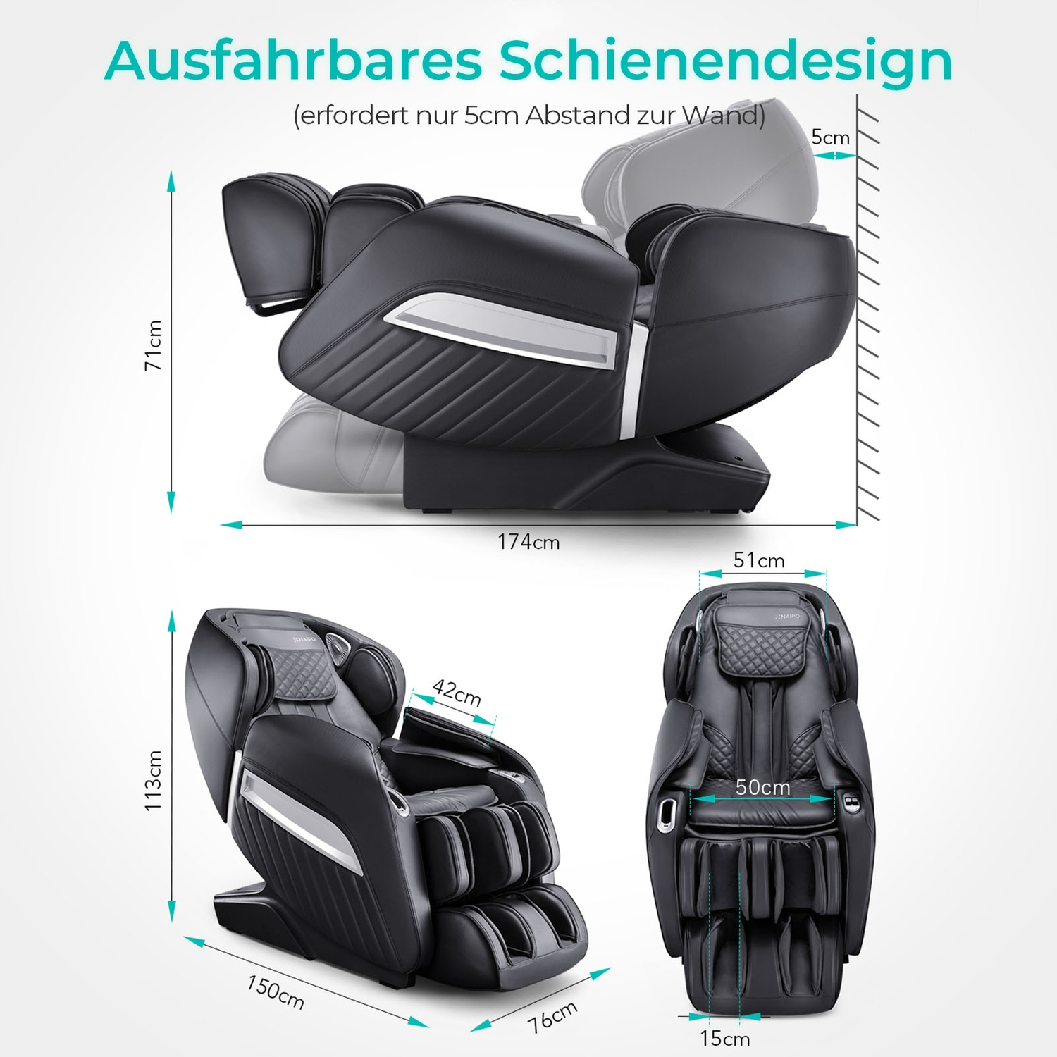 Schwarzer Massagesessel mit Abmessungen. Er ist zurückgelehnt und zeigt das Schienen-Design.