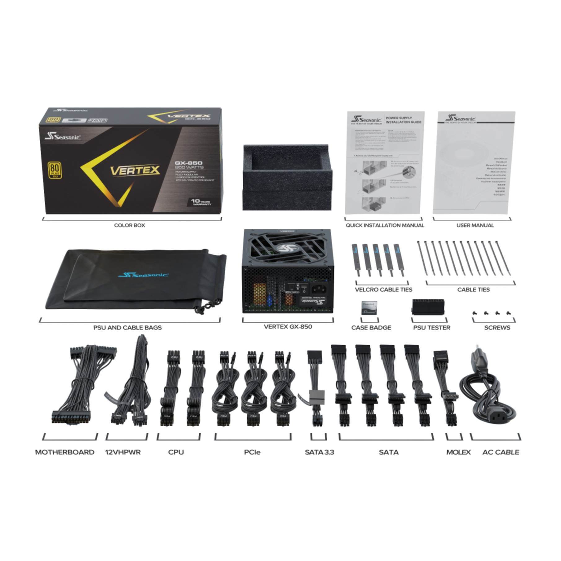 Zestaw komponentów komputera, w tym zasilacz, kable i instrukcje.