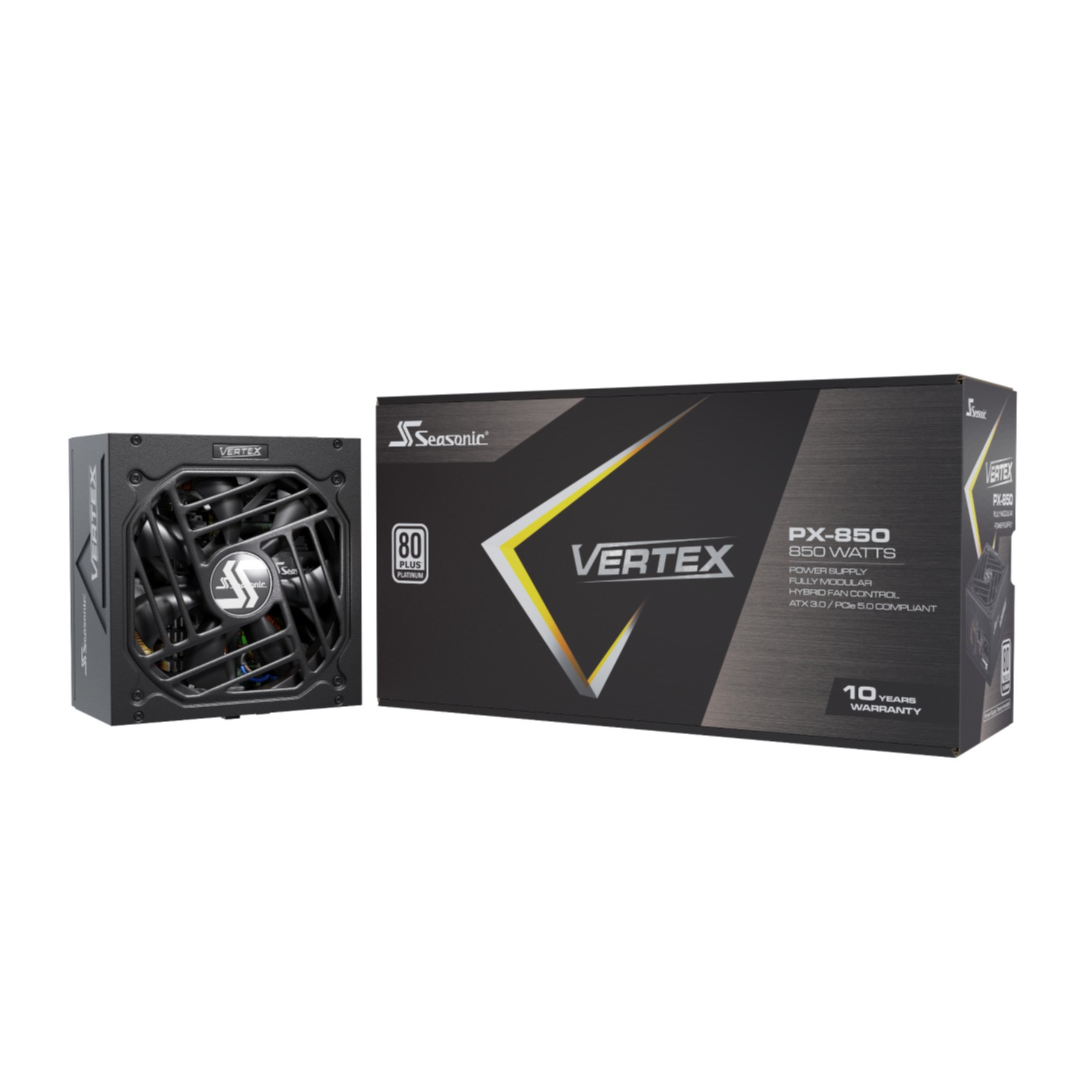 Zasilacz i jednostka. Na pudełku nazwa marki, a na jednostce wentylator.