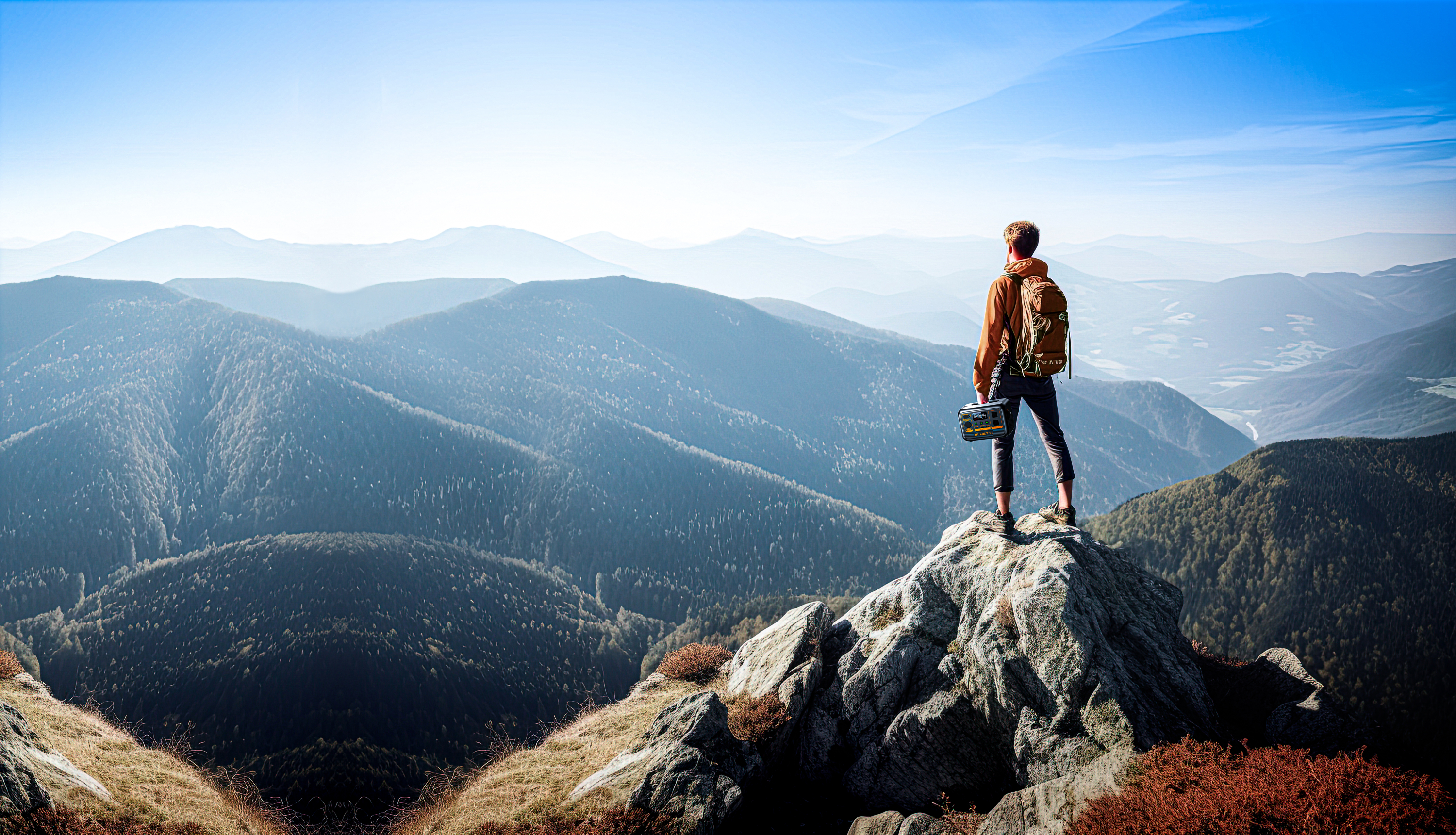 Mężczyzna na szczycie góry, patrzący na widok zielonych gór.