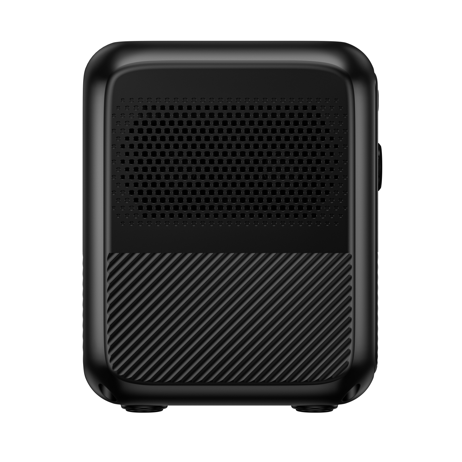 Czarny głośnik z wzorem siatki, skośnymi liniami i dwoma nóżkami.