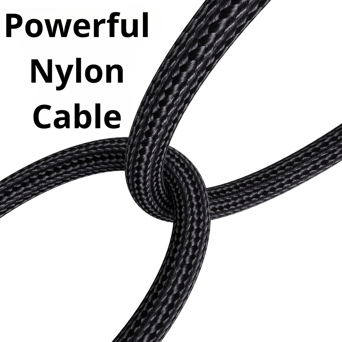 Un câble en nylon noir formant une boucle. Texte : 'Câble en nylon puissant'. Gros plan du câble.