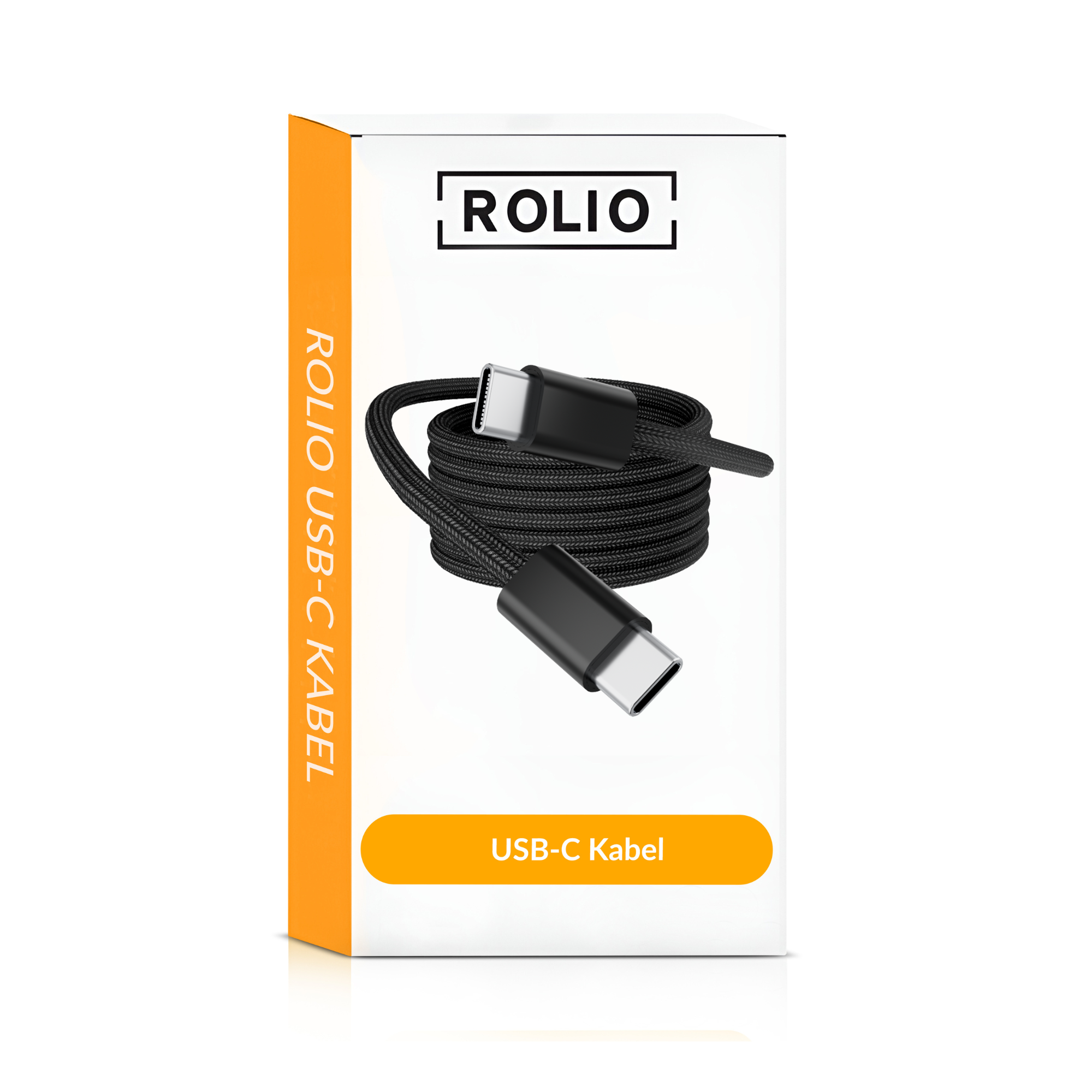 Un câble USB-C noir enroulé dans une boîte blanche et orange. La boîte contient du texte.