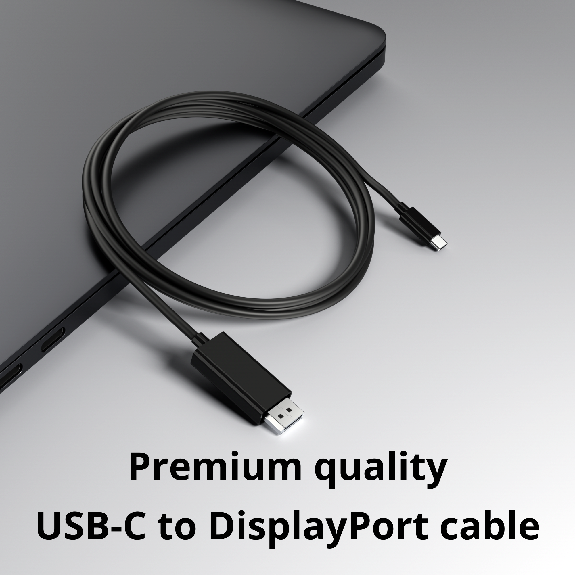 Câble USB-C vers DisplayPort noir. Enroulé sur une surface blanche. Texte de qualité supérieure.