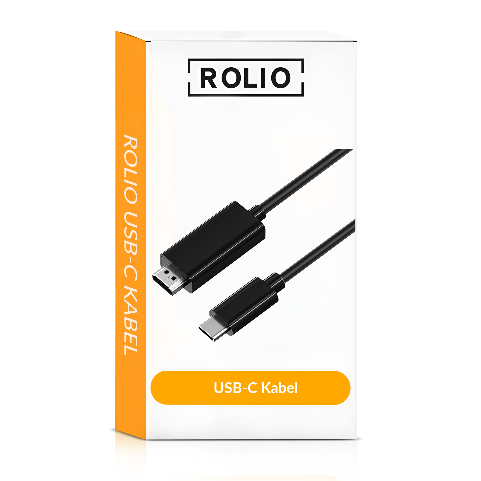 Een USB-C-kabel verpakt in een witte doos met de tekst: ROLIO en USB-C Kabel.