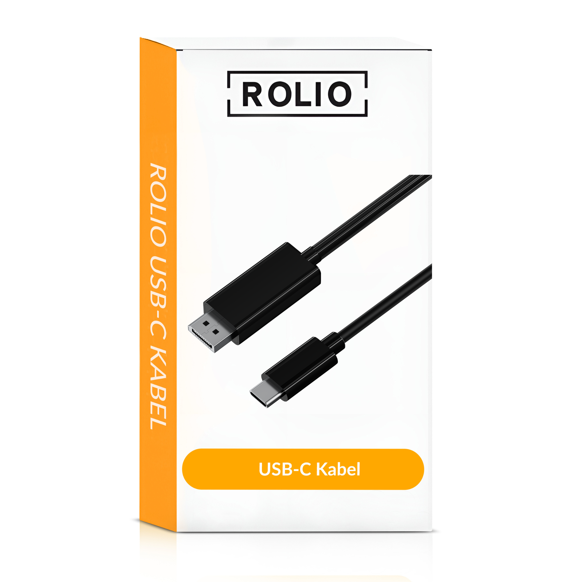Une boîte blanche avec le nom de la marque ROLIO et un câble USB-C à l'intérieur.