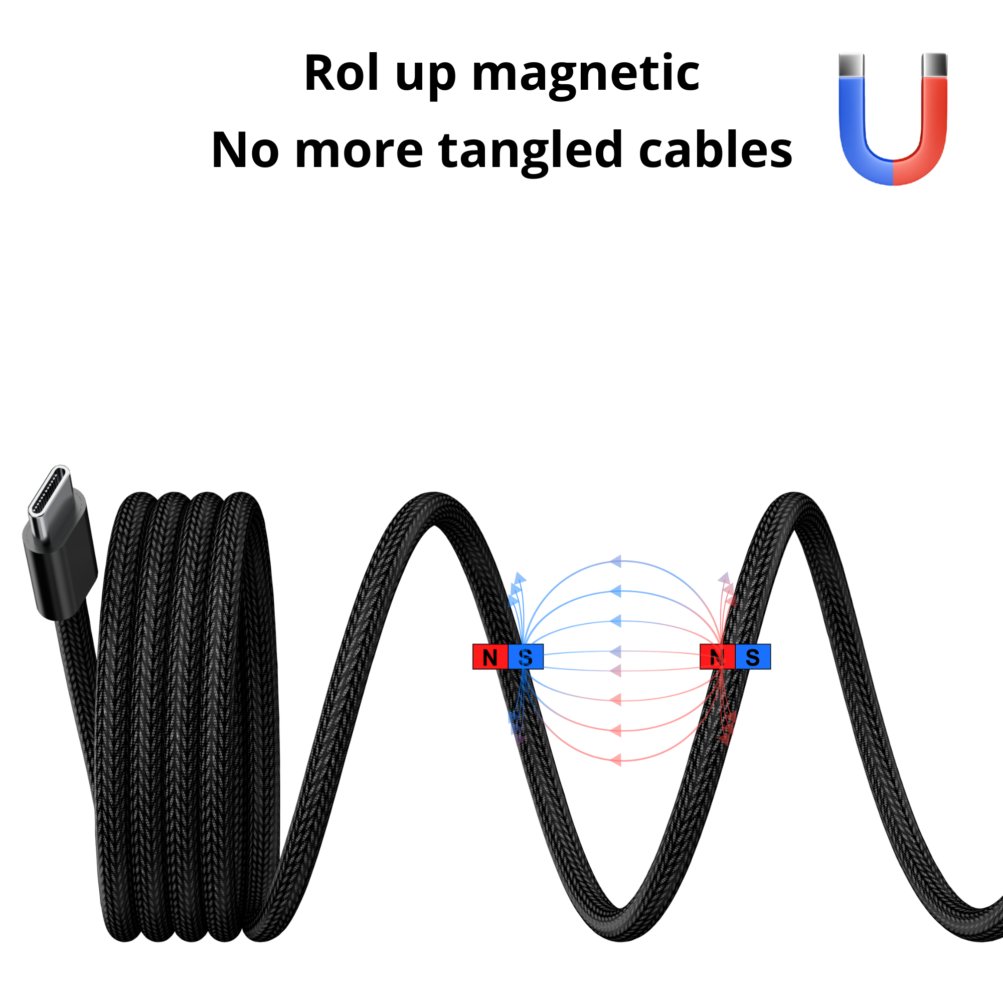 Zwarte USB-C-kabel opgerold. Magnetisch veld visualiseert pad. Inclusief USB-C-connector en magnetische symbolen.