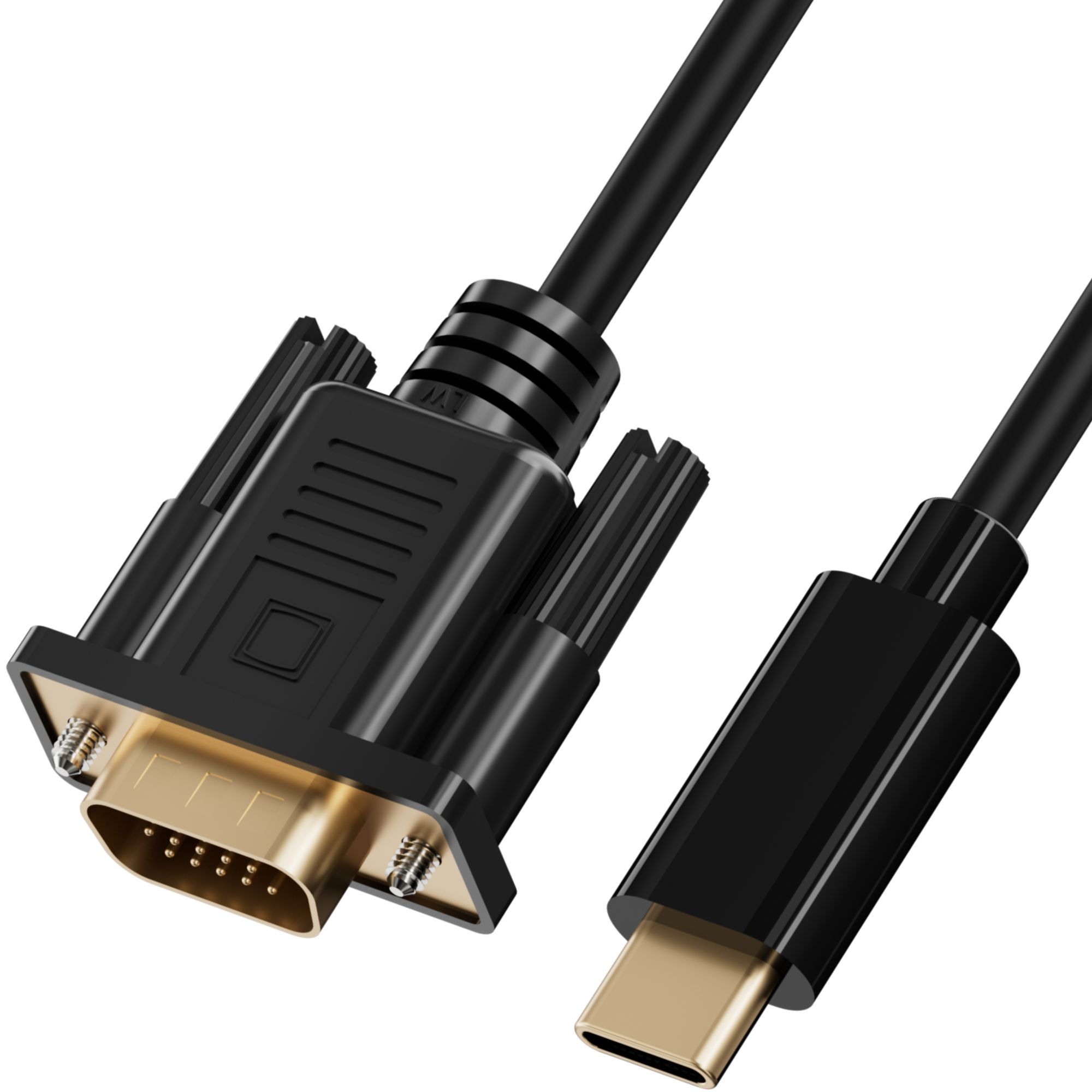 Zwarte VGA naar USB-C kabel voor video- en datatransmissie.