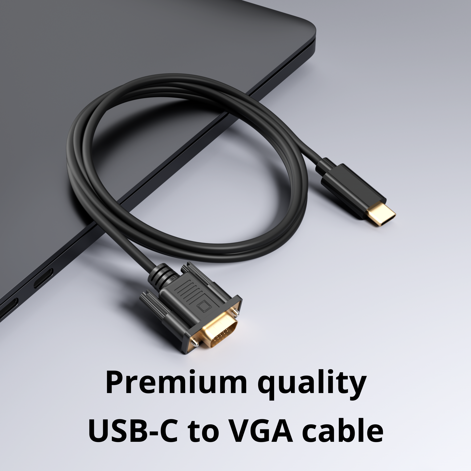 Een USB-C naar VGA-kabel met vergulde connectoren op een grijze achtergrond.