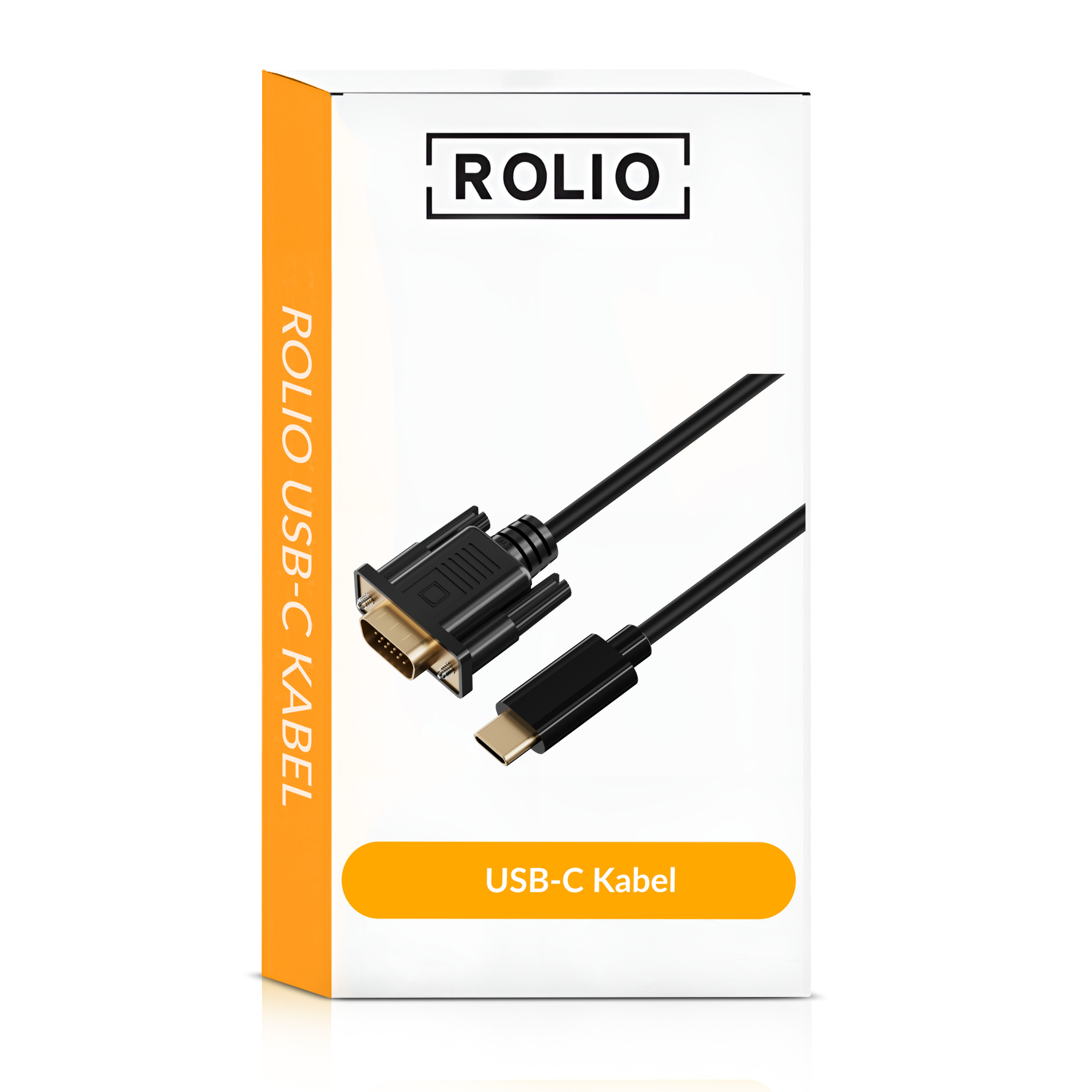 Witte doos met een USB-C-kabel en een VGA-connector. De doos toont het merk Rolio.