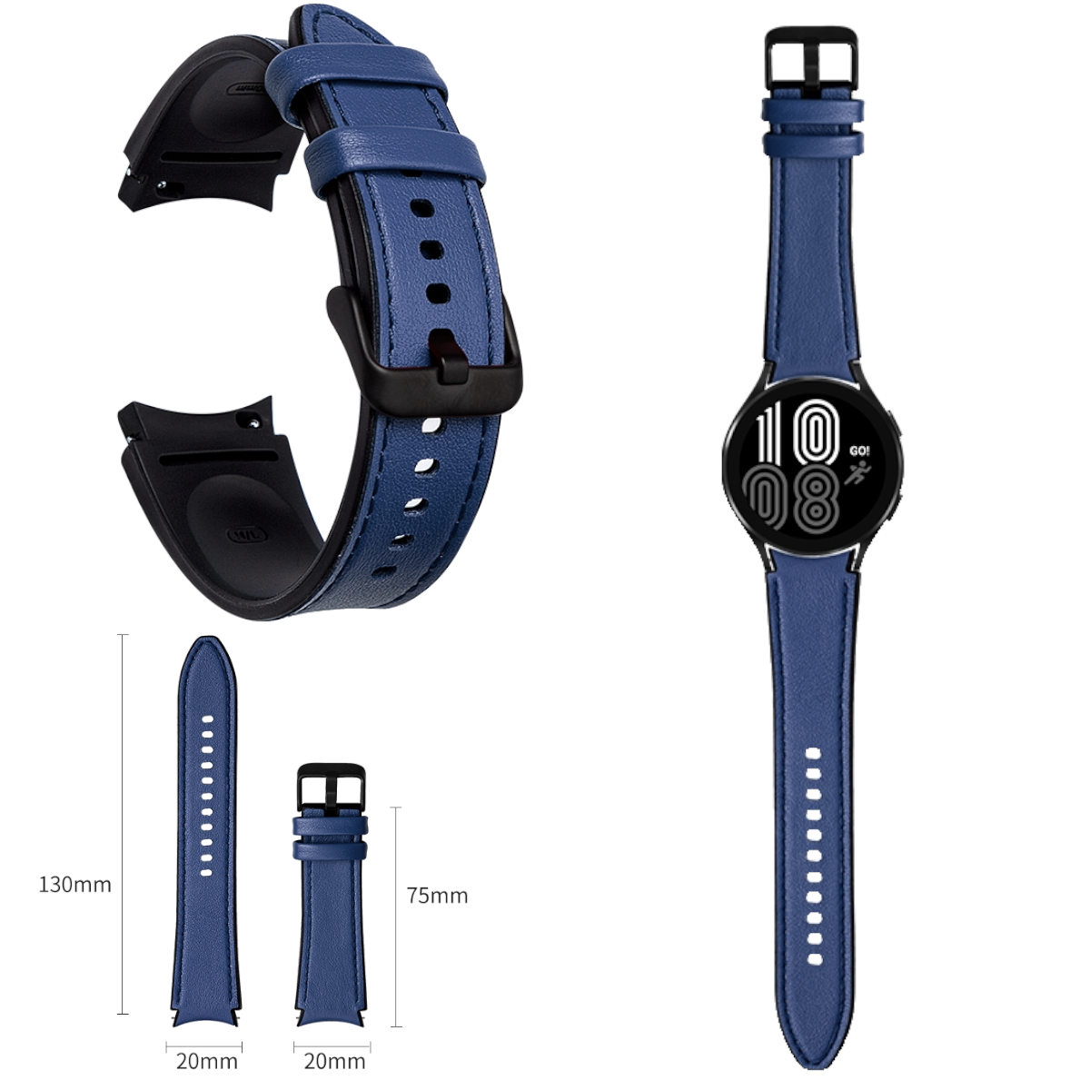 Blaues Uhrenarmband mit schwarzer Schnalle und Smartwatch mit Uhrzeit. Mehrere Armbandteile gezeigt.