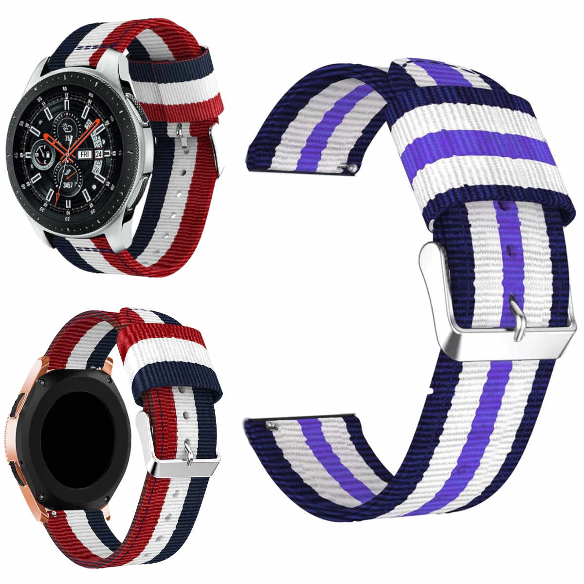 Uhrenarmbänder in rot, weiß und blau gestreift. Sie sind an Uhren befestigt.