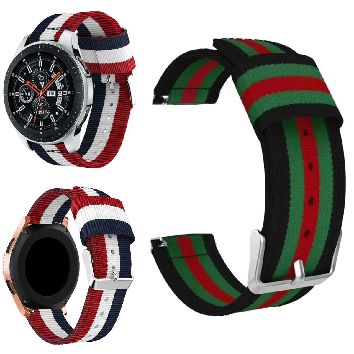 Mehrere Uhrenarmbänder. Die Uhrenarmbänder haben Streifenmuster. Weißer Hintergrund.