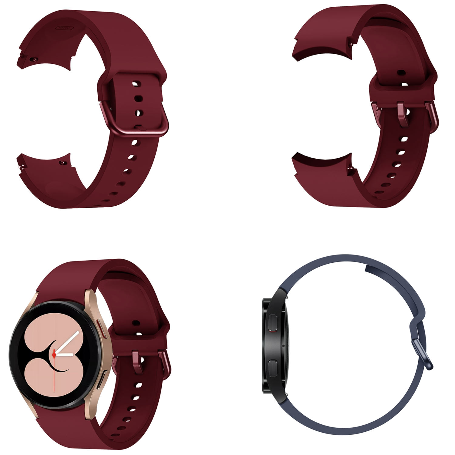 Vier Bilder einer weinroten Uhr mit weinrotem Armband und einer schwarzen Uhr mit blauem Band.