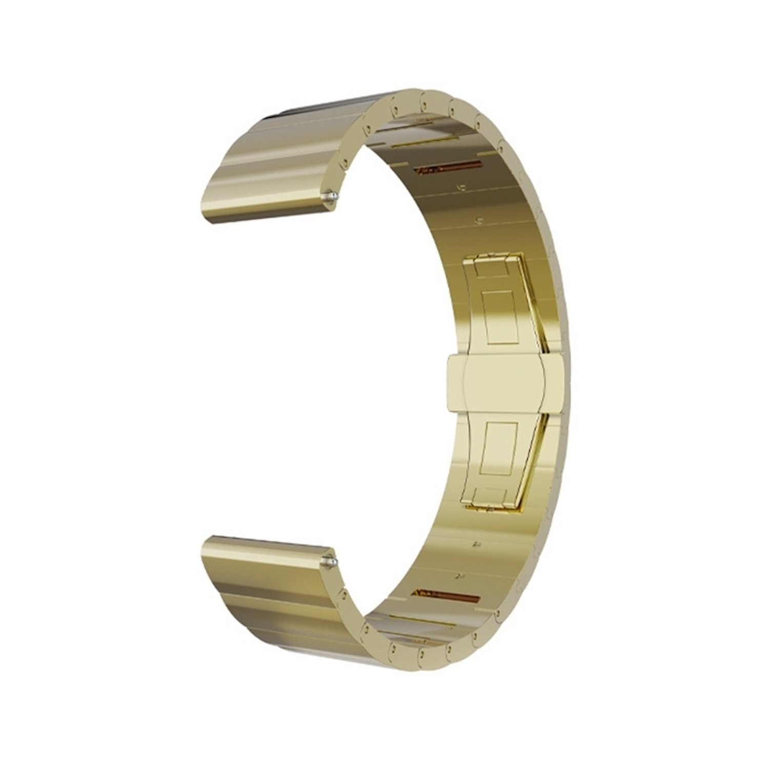 Ein goldfarbenes Uhrenarmband mit einem Verschluss. Das Armband ist metallisch und hat eine polierte Oberfläche, die Licht reflektiert.