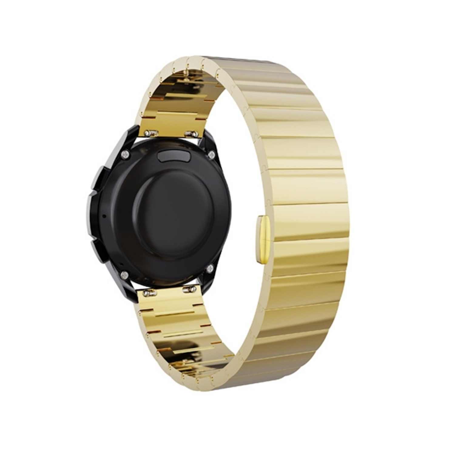 Goldenes Uhrenarmband neben einer schwarzen Smartwatch. Weißer Hintergrund.