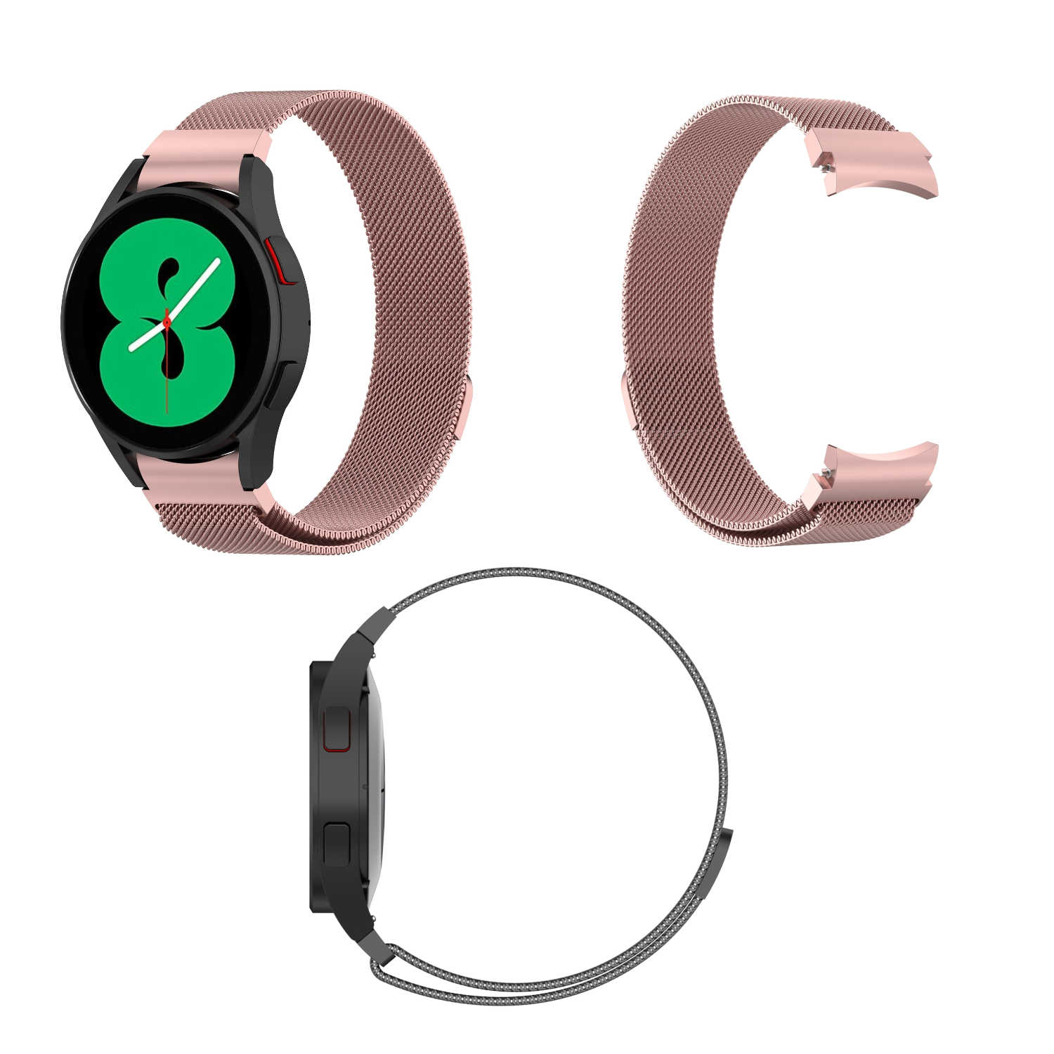 Smartwatch in drei Ansichten: Draufsicht, Seite und mit Armband. Roségold und Schwarz.